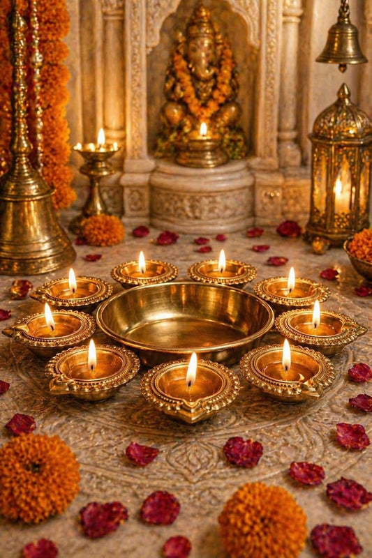 Premium Urli Diya Set for Diwali & Pooja Decoration – Elegant Metal Diya Thali Set with Decorative Diyas for Home Temple, Festive Table Decor, Floating Flower Urli & Traditional Festival Decoration