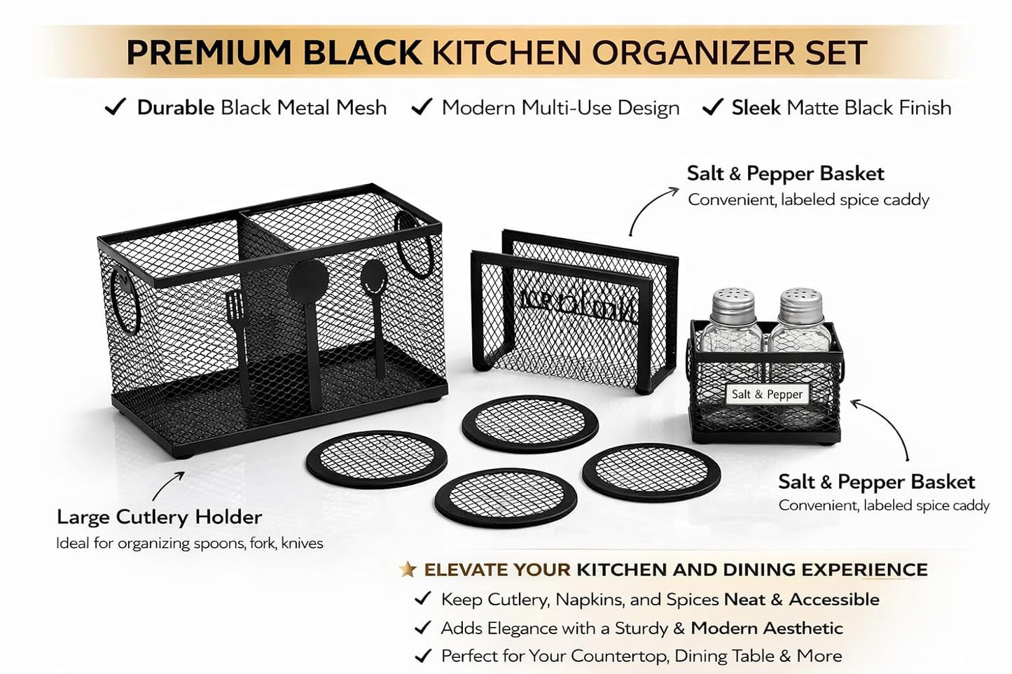 Metal Mesh Cutlery Holder Set for Kitchen & Dining Table | Multipurpose Kitchen Organizer Basket with Napkin Holder, Salt Pepper Holder & Coasters | Modern Black Metal Kitchen Accessories Combo