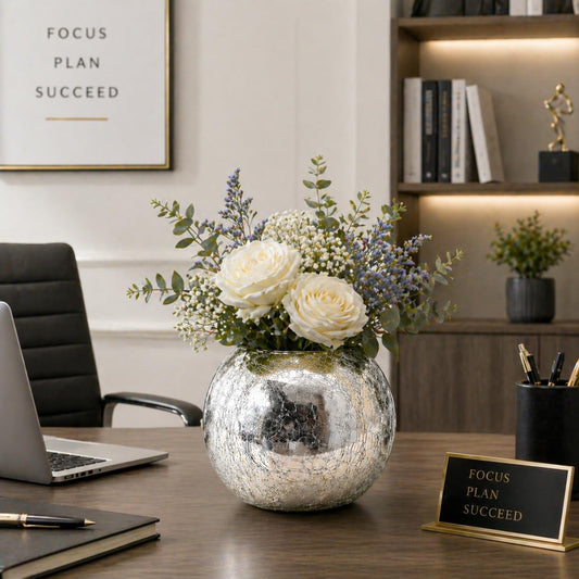 Luxury Silver Crackle Vase | Elegant Mercury Glass Decorative Vase for Modern Living Room & Contemporary Home Decor
