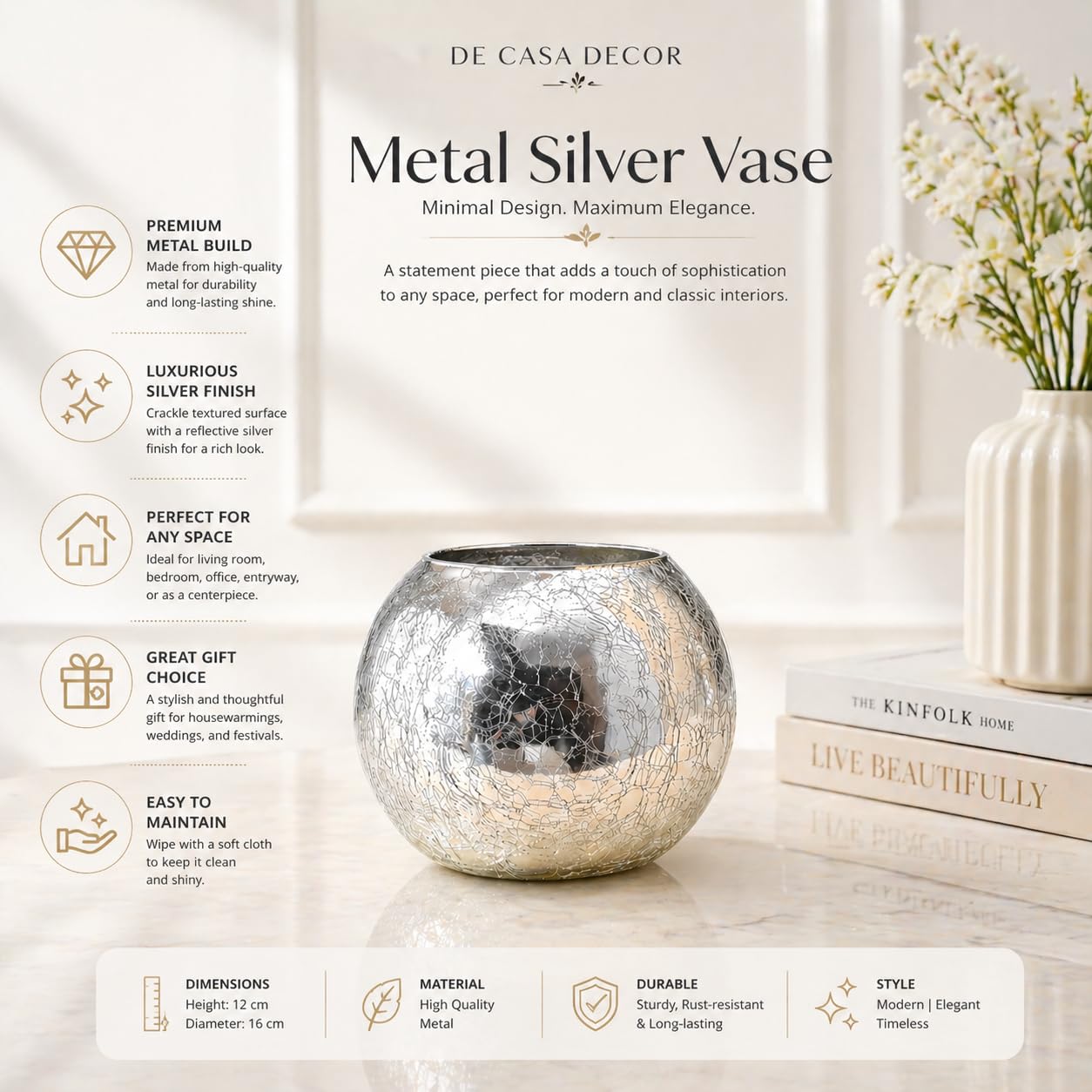 Luxury Silver Crackle Vase | Elegant Mercury Glass Decorative Vase for Modern Living Room & Contemporary Home Decor