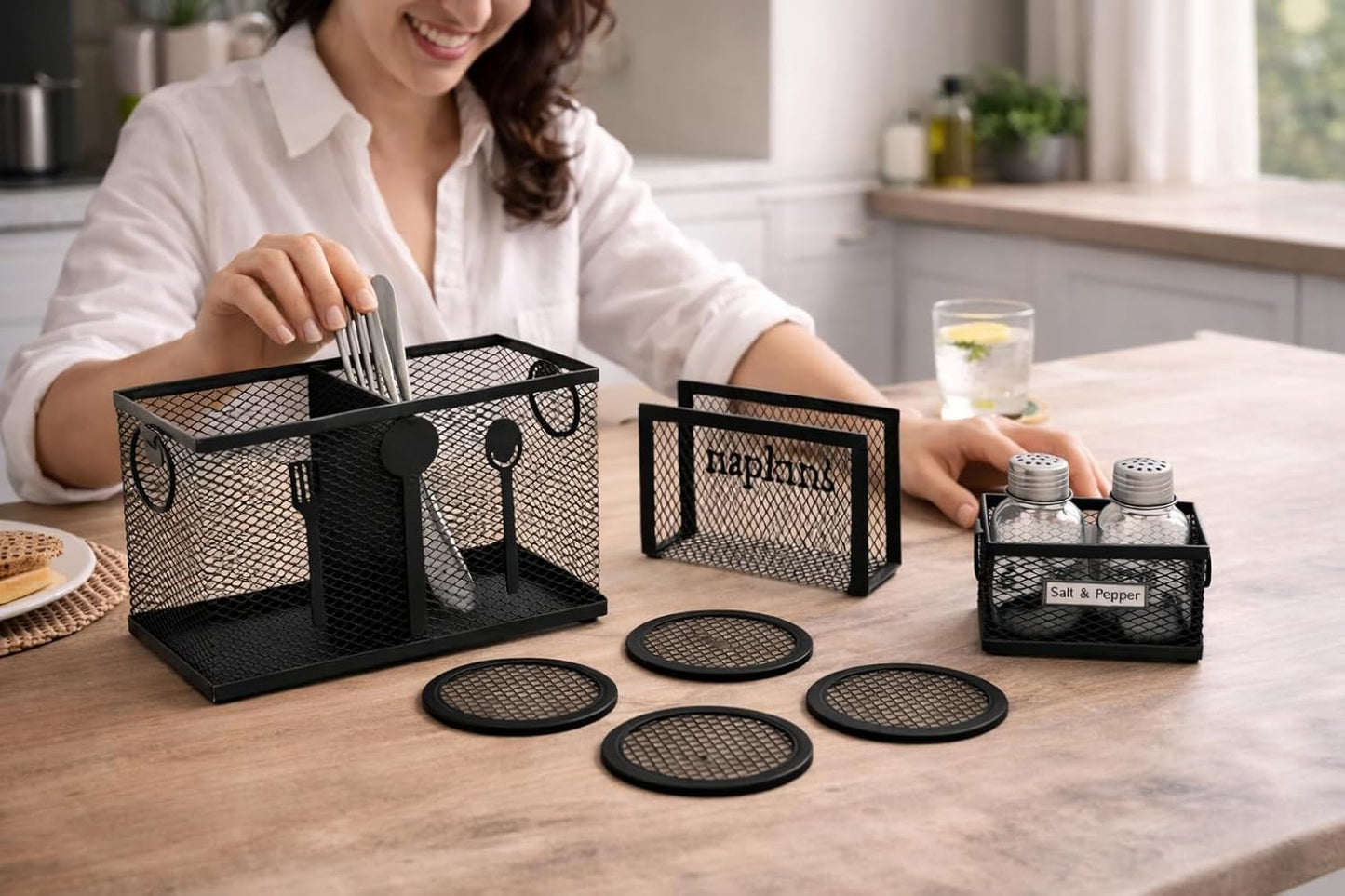 Metal Mesh Cutlery Holder Set for Kitchen & Dining Table | Multipurpose Kitchen Organizer Basket with Napkin Holder, Salt Pepper Holder & Coasters | Modern Black Metal Kitchen Accessories Combo