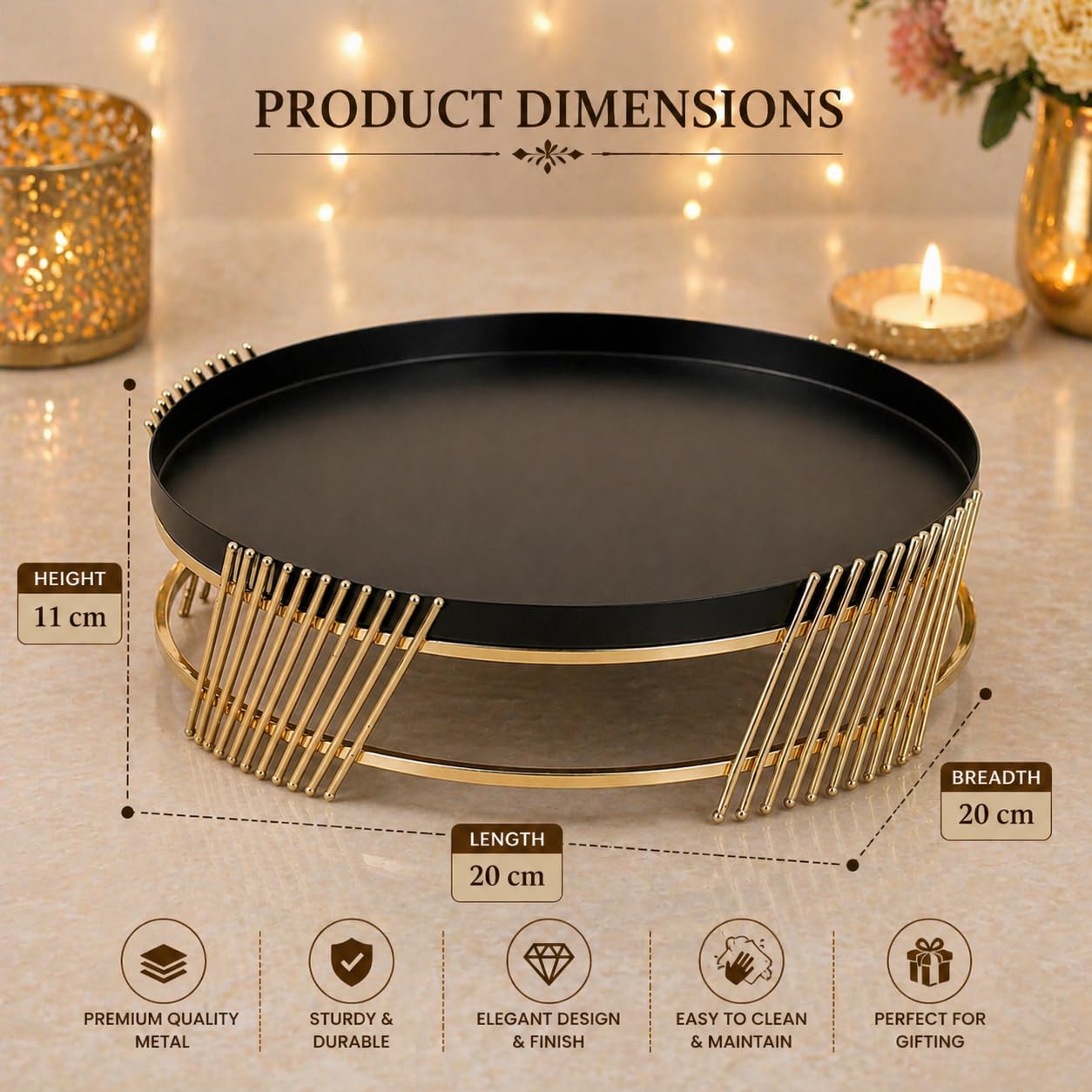 Luxury Metal Cake Stand | Black Round Dessert Display with Gold Finish Base | Elegant Serving Tray for Wedding, Birthday & Home Décor