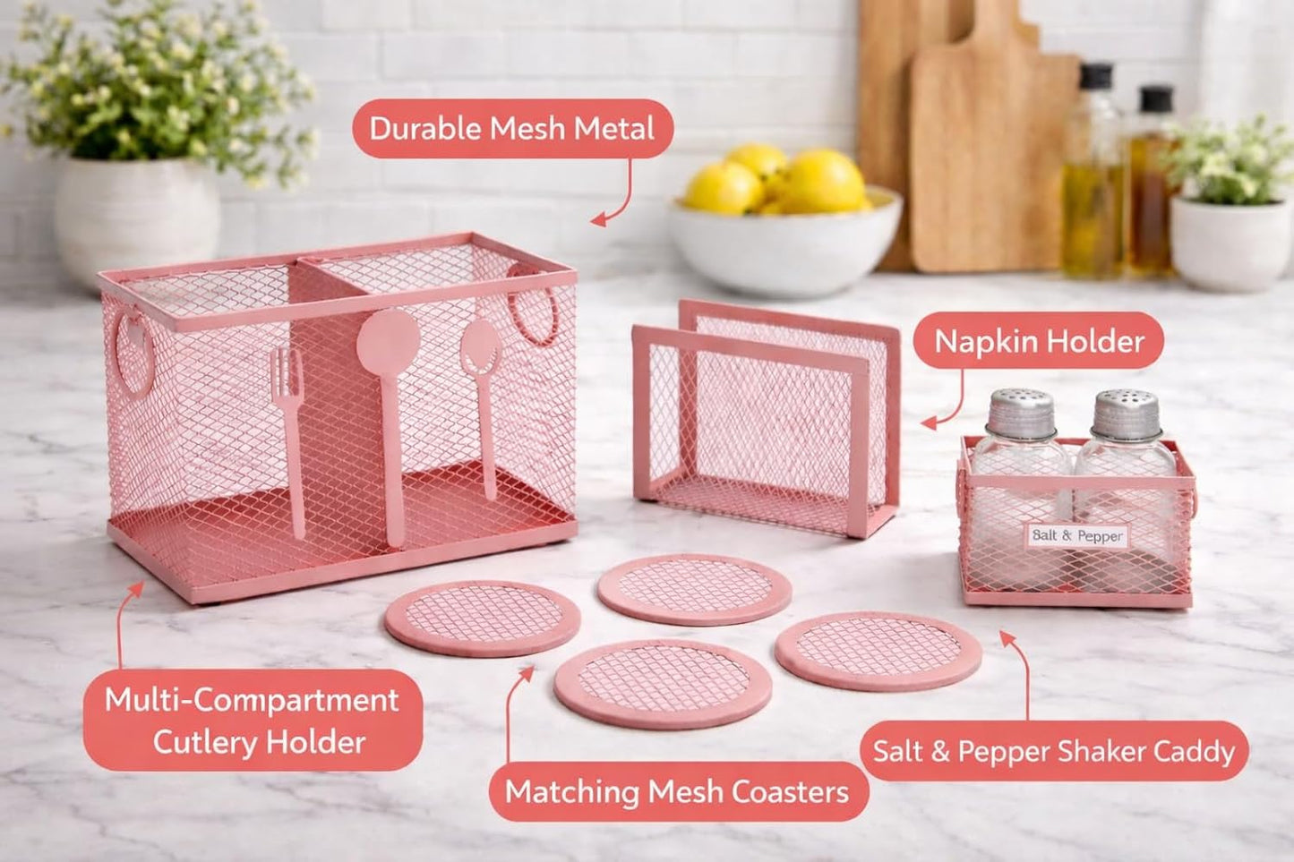 Pink Metal Cutlery Holder Set for Kitchen Counter & Dining Table | Modern Mesh Kitchen Organizer with Napkin Holder, Salt & Pepper Basket and Coasters | Stylish Pink Kitchen Accessories Storage Basket