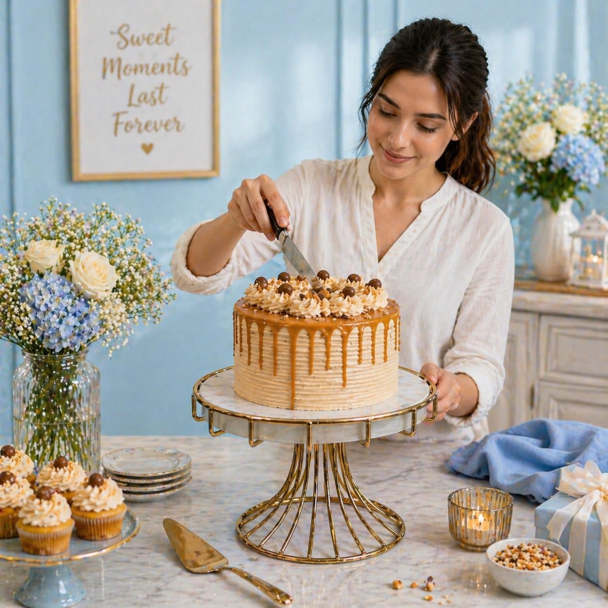 Premium White Cake Stand with Gold Finish Base | Round Dessert Serving Stand | Stylish Pedestal Display for Cakes & Cupcakes