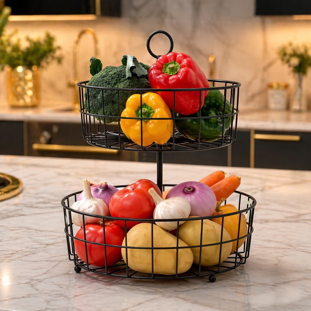 Modern 2 Tier Fruit Basket Stand – Metal Wire Fruit Holder for Kitchen Countertop | Multi-Purpose Storage Basket