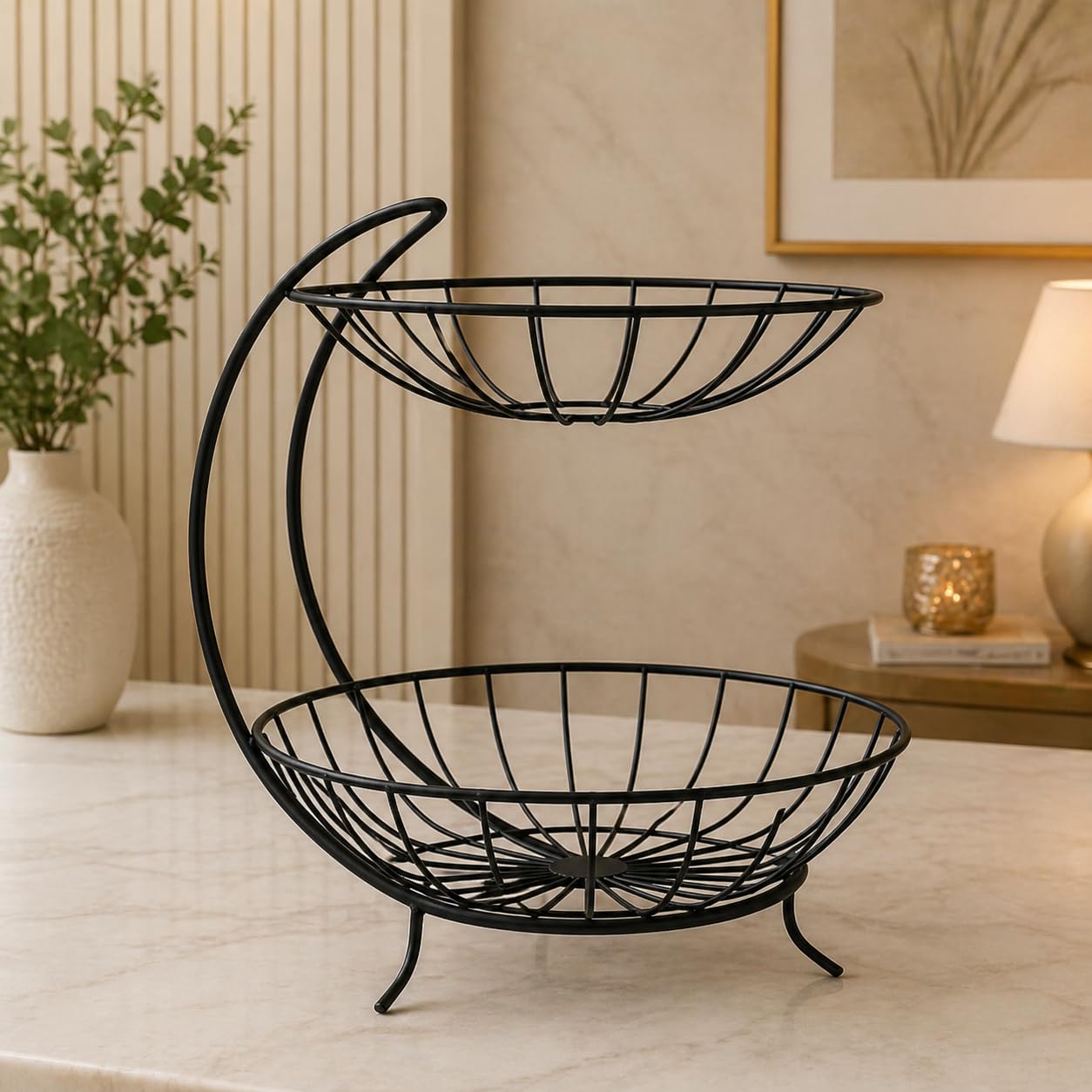 2 Tier Fruit Basket Stand – Space Saving Metal Wire Fruit Holder for Kitchen Counter, Stylish Storage Organizer