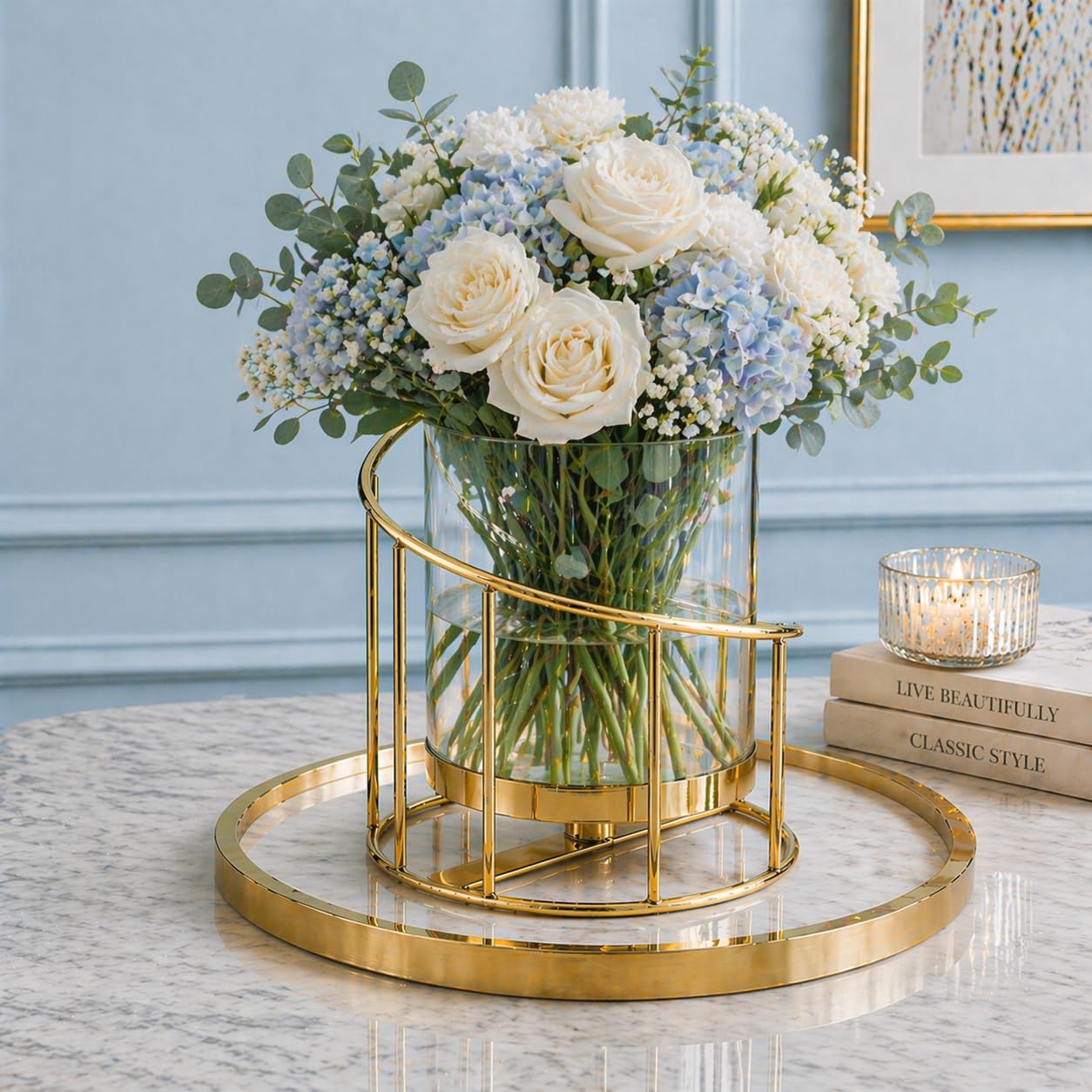 Luxury Spiral Gold Metal Vase with Clear Glass | Elegant Modern Decorative Flower Vase for Living Room, Dining Table & Premium Home Decor