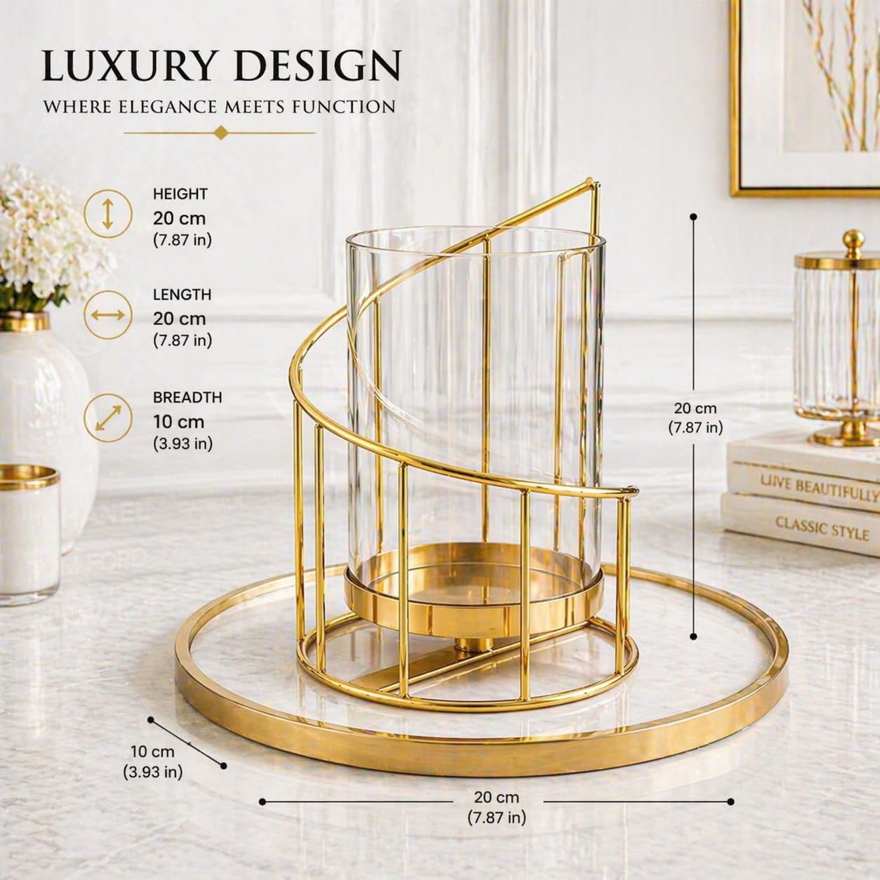 Luxury Spiral Gold Metal Vase with Clear Glass | Elegant Modern Decorative Flower Vase for Living Room, Dining Table & Premium Home Decor