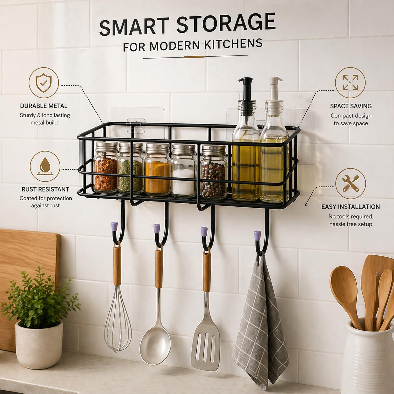 Wall Mounted Bathroom Shelf with Hooks