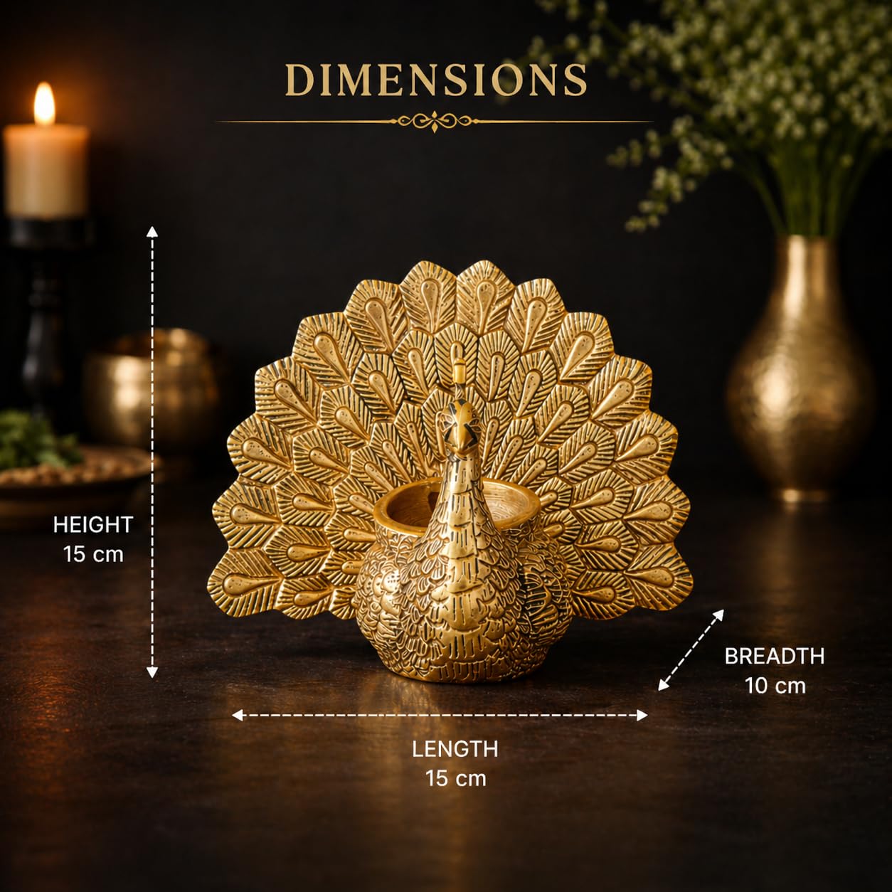 Aluminium Peacock Candle Holder – Antique Gold Embossed Metal Tealight Stand, Royal Peacock Diya for Diwali, Wedding & Elegant Home Decor