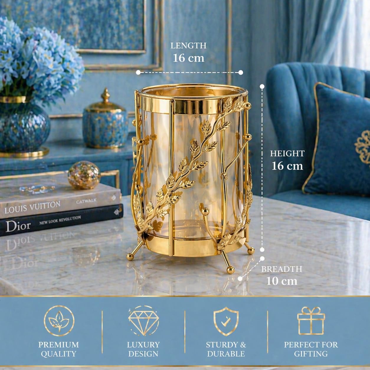 Luxury Floral Gold Vase with Decorative Leaf Design | Elegant Metal & Glass Flower Vase for Living Room, Dining Table & Premium Home Decor