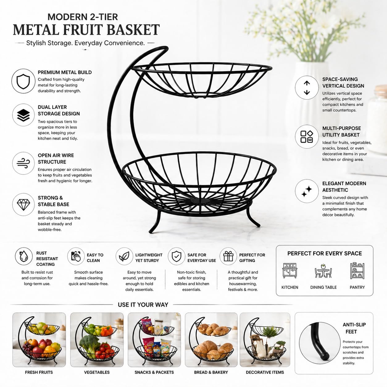 2 Tier Fruit Basket Stand – Space Saving Metal Wire Fruit Holder for Kitchen Counter, Stylish Storage Organizer