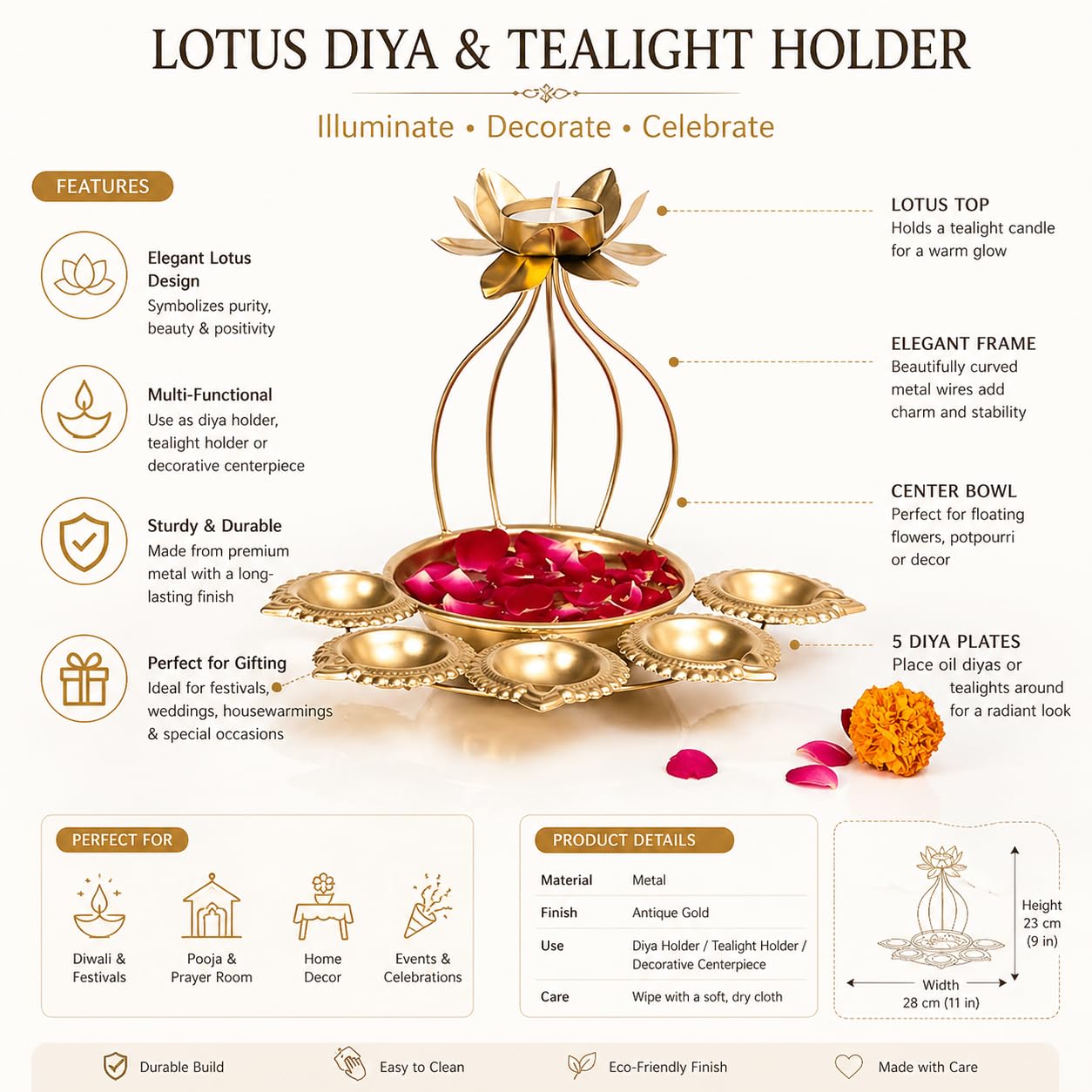 Elegant Lotus Metal Urli with Diyas & Floating Flower Bowl – Luxury Decorative Metal Urli for Diwali, Pooja, Mandir Decoration, Festive Table Centerpiece & Spiritual Home Decor