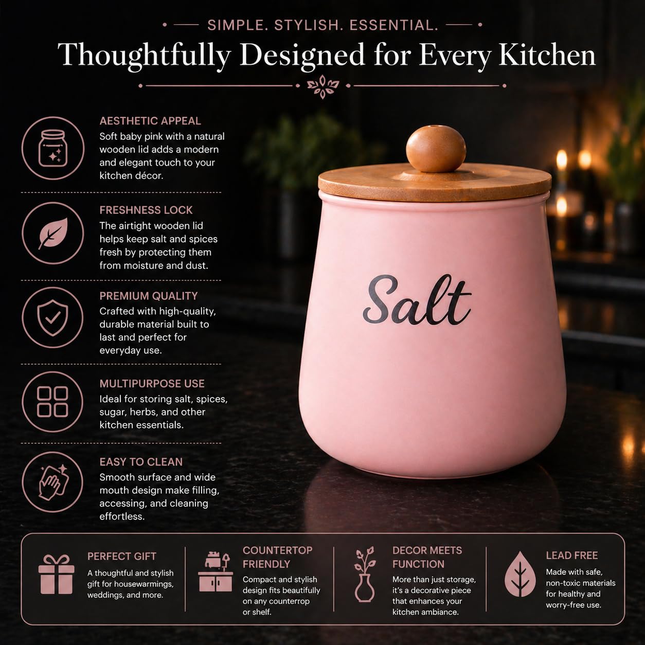 Pink Metal Salt Storage Container with Wooden Lid | Kitchen Countertop Seasoning Holder | Airtight Metal Storage Canister for Salt, Spices & Dry Ingredients | Modern Farmhouse Kitchen Organizer