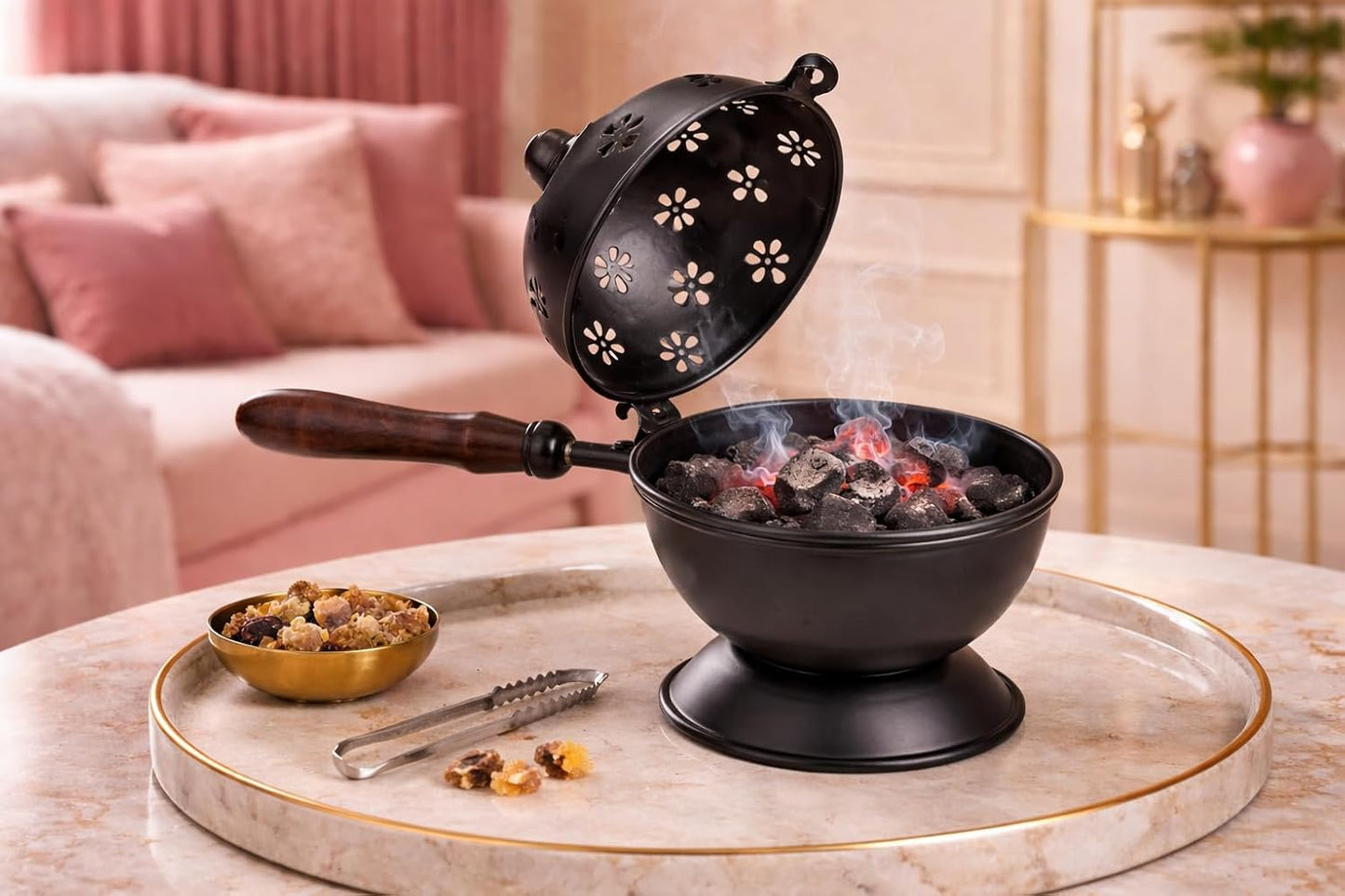 Black Metal Loban Burner with Wooden Handle | Premium Dhoop Dani Incense Burner for Home, Pooja, Temple, Meditation & Aromatherapy | Decorative Kapoor Dani & Home Fragrance Diffuser