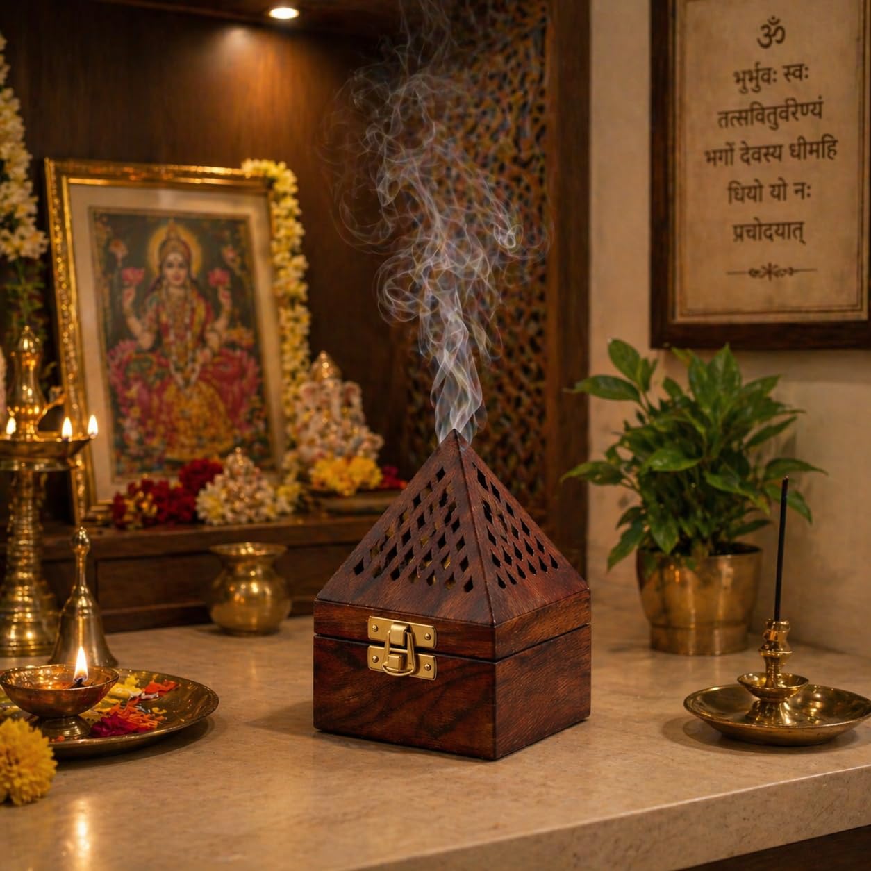 Wooden Incense Holder Box with Pyramid Design | Decorative Agarbatti Burner & Dhoop Stand for Home, Meditation and Puja Room | Aromatherapy Wooden Smoke Diffuser with Ash Catcher Storage