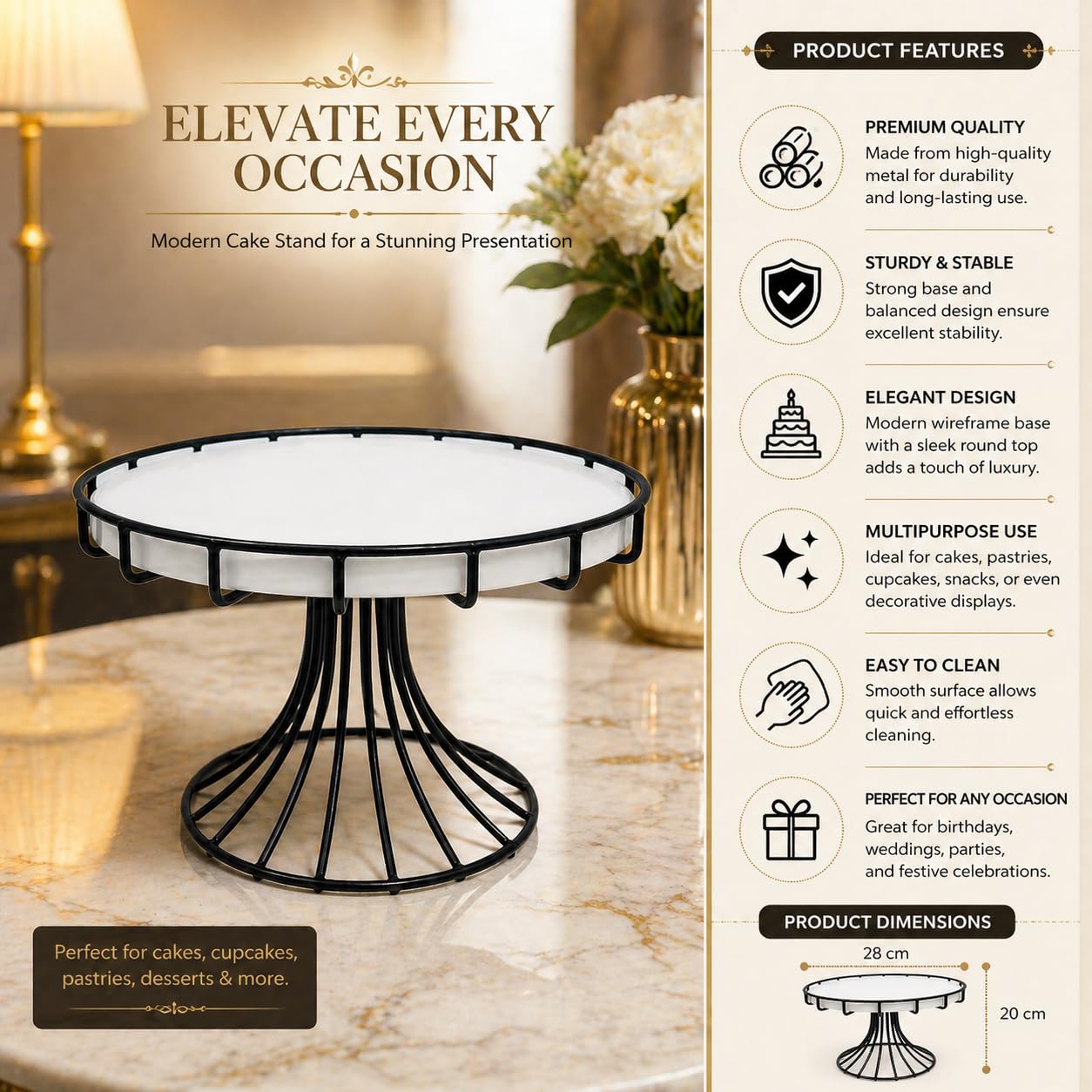 Modern Metal Cake Stand | Elegant Round Dessert Display Stand | Premium Pedestal Cake Holder for Parties, Weddings & Home Decor