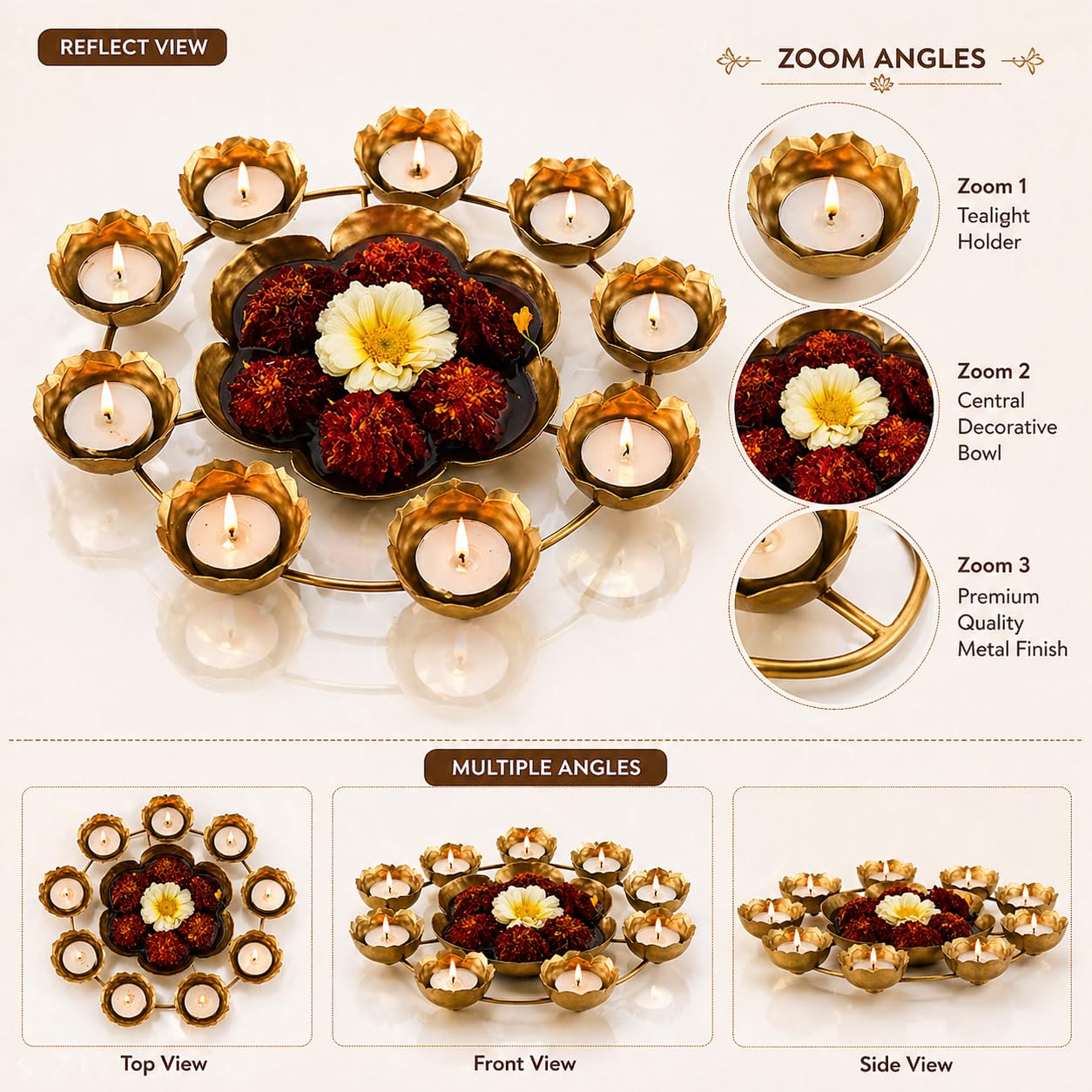 Floral Metal Urli Bowl for Diwali Decoration | Luxury Decorative Lotus Urli for Pooja Room, Wedding Centerpiece, Floating Flower Arrangement & Festive Home Decor