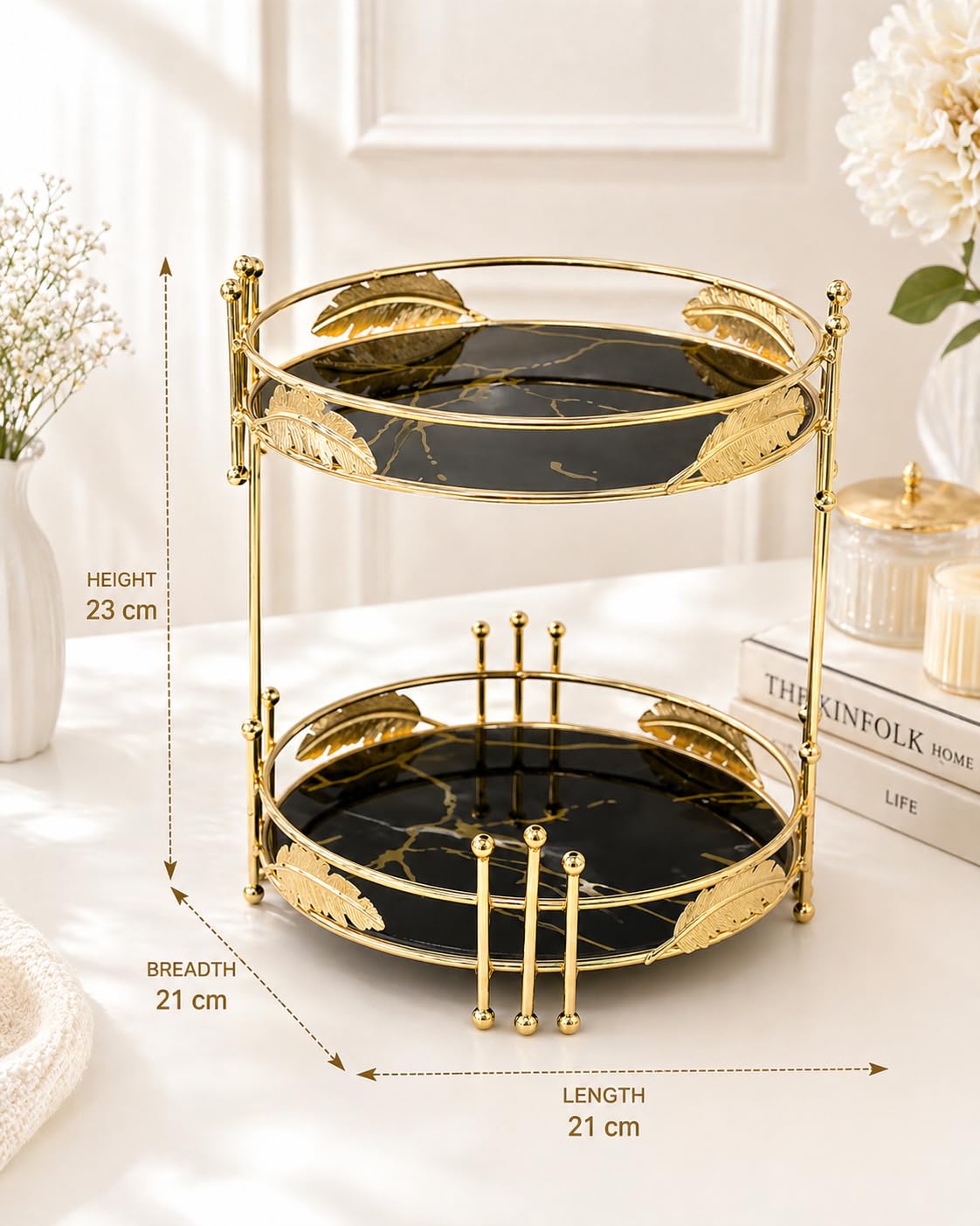 Elegant Black Vanity Organizer with Gold Metal Frame – Luxury 2 Tier Makeup & Skincare Storage Stand, Decorative Cosmetic Organizer for Perfume, Jewelry, Bathroom Counter & Dressing Table