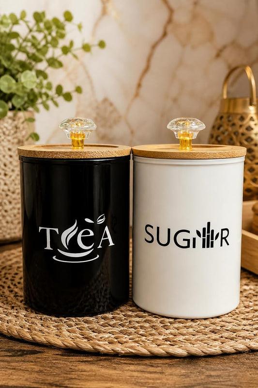 Metal Tea & Sugar Canister Set with Wooden Lids