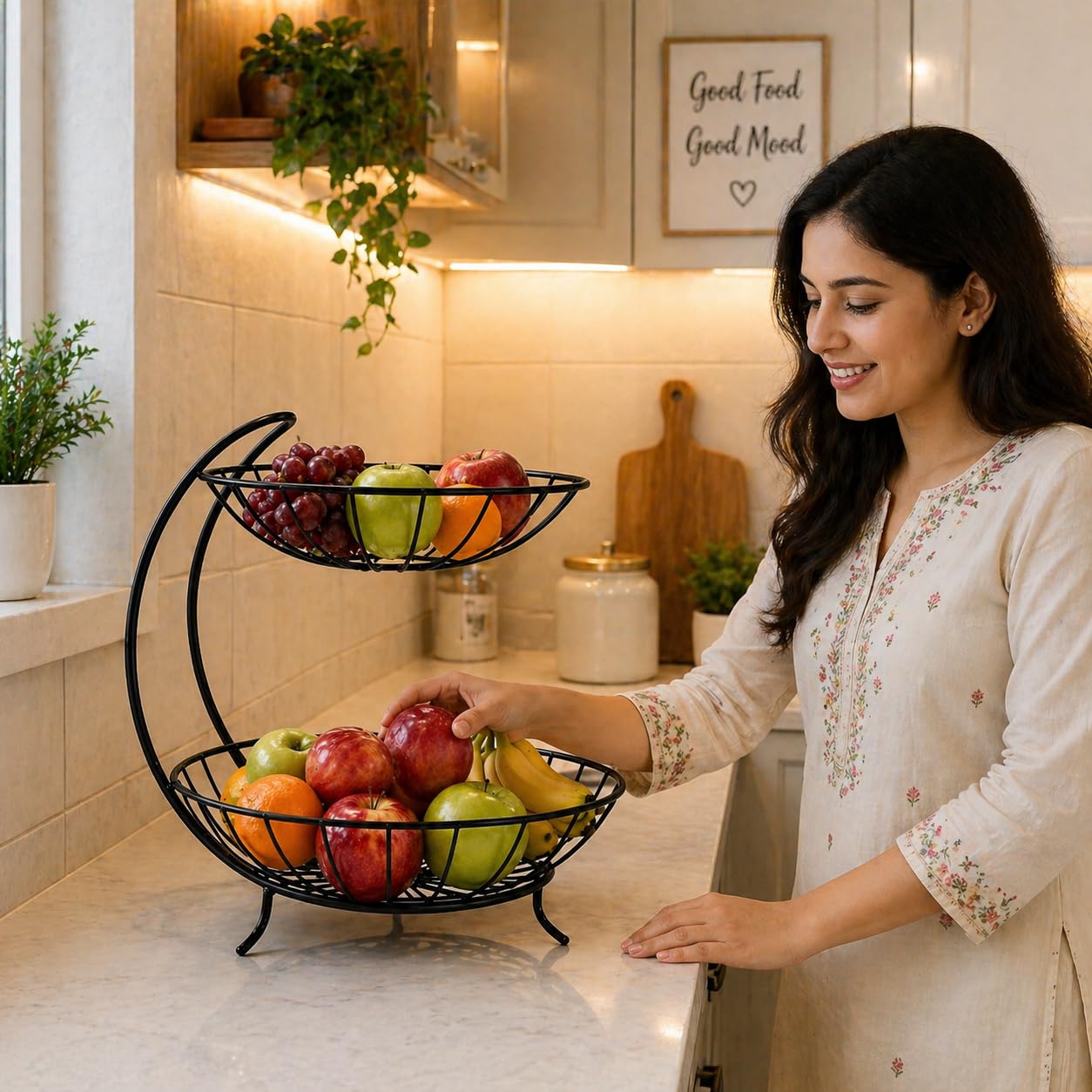 2 Tier Fruit Basket Stand – Space Saving Metal Wire Fruit Holder for Kitchen Counter, Stylish Storage Organizer