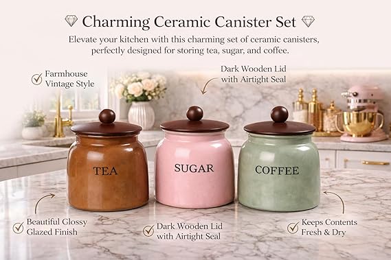 Metal Tea Sugar Coffee Storage Container Set of 3 with Wooden Lid | Airtight Kitchen Canisters | Vintage Farmhouse Style Kitchen Storage Jars
