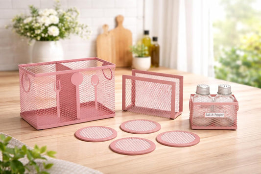 Pink Metal Cutlery Holder Set for Kitchen Counter & Dining Table | Modern Mesh Kitchen Organizer with Napkin Holder, Salt & Pepper Basket and Coasters | Stylish Pink Kitchen Accessories Storage Basket