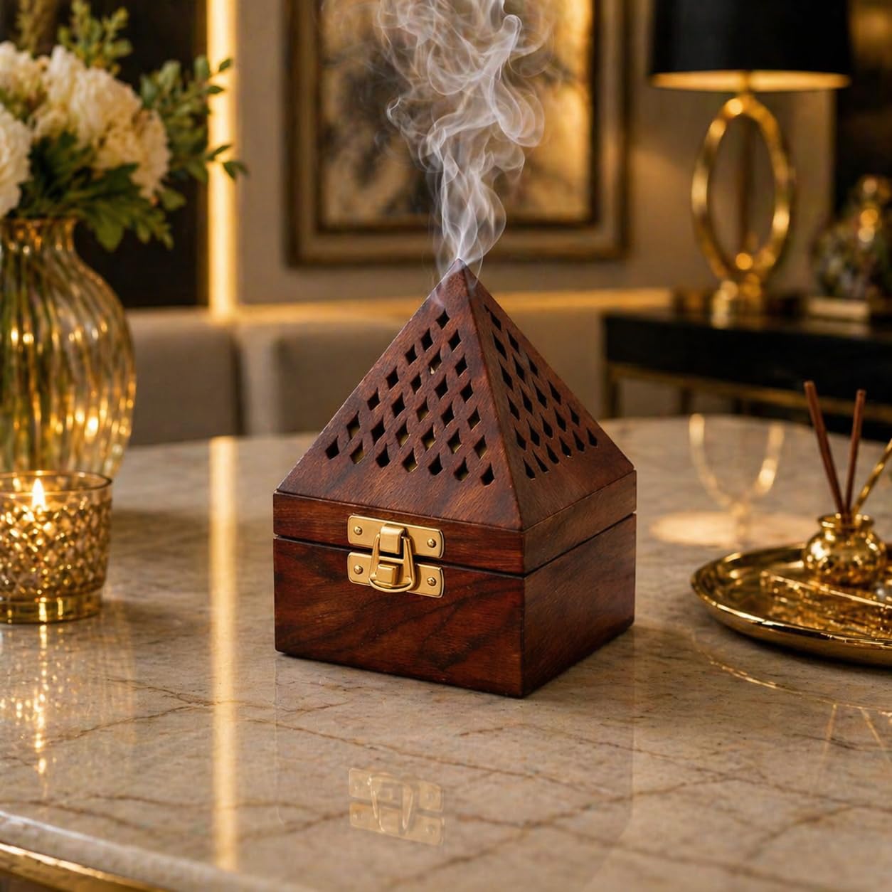 Wooden Incense Holder Box with Pyramid Design | Decorative Agarbatti Burner & Dhoop Stand for Home, Meditation and Puja Room | Aromatherapy Wooden Smoke Diffuser with Ash Catcher Storage