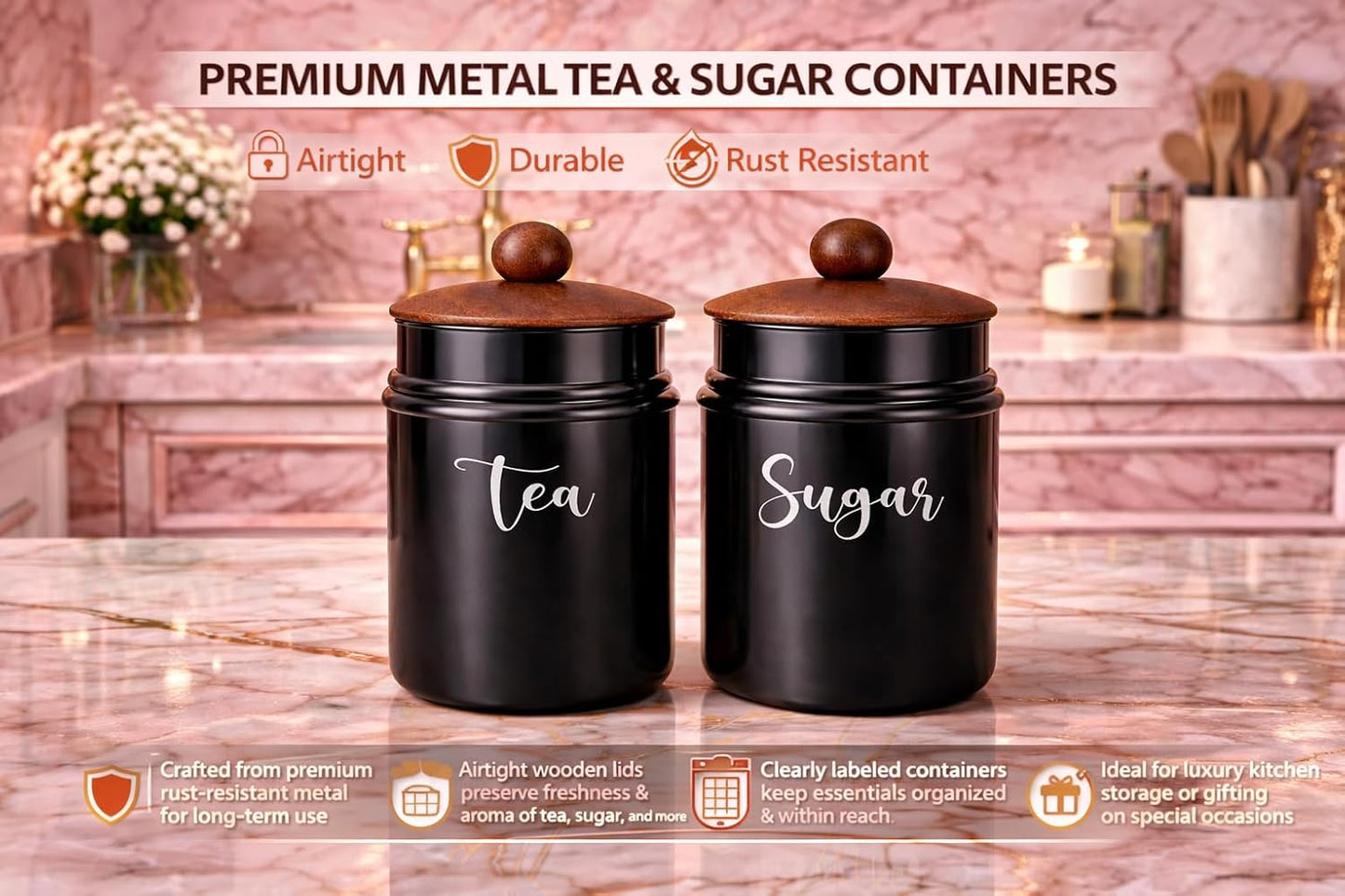 Metal Tea & Sugar Storage Container Set of 2 with Wooden Lid | Airtight Kitchen Canisters | Black Matte Finish Kitchen Storage Jars