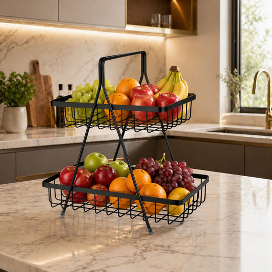 2 Tier Metal Kitchen Basket Stand – Black Countertop Organizer Rack, Fruit & Vegetable Storage, Multipurpose Space Saving Wire Basket for Kitchen & Pantry