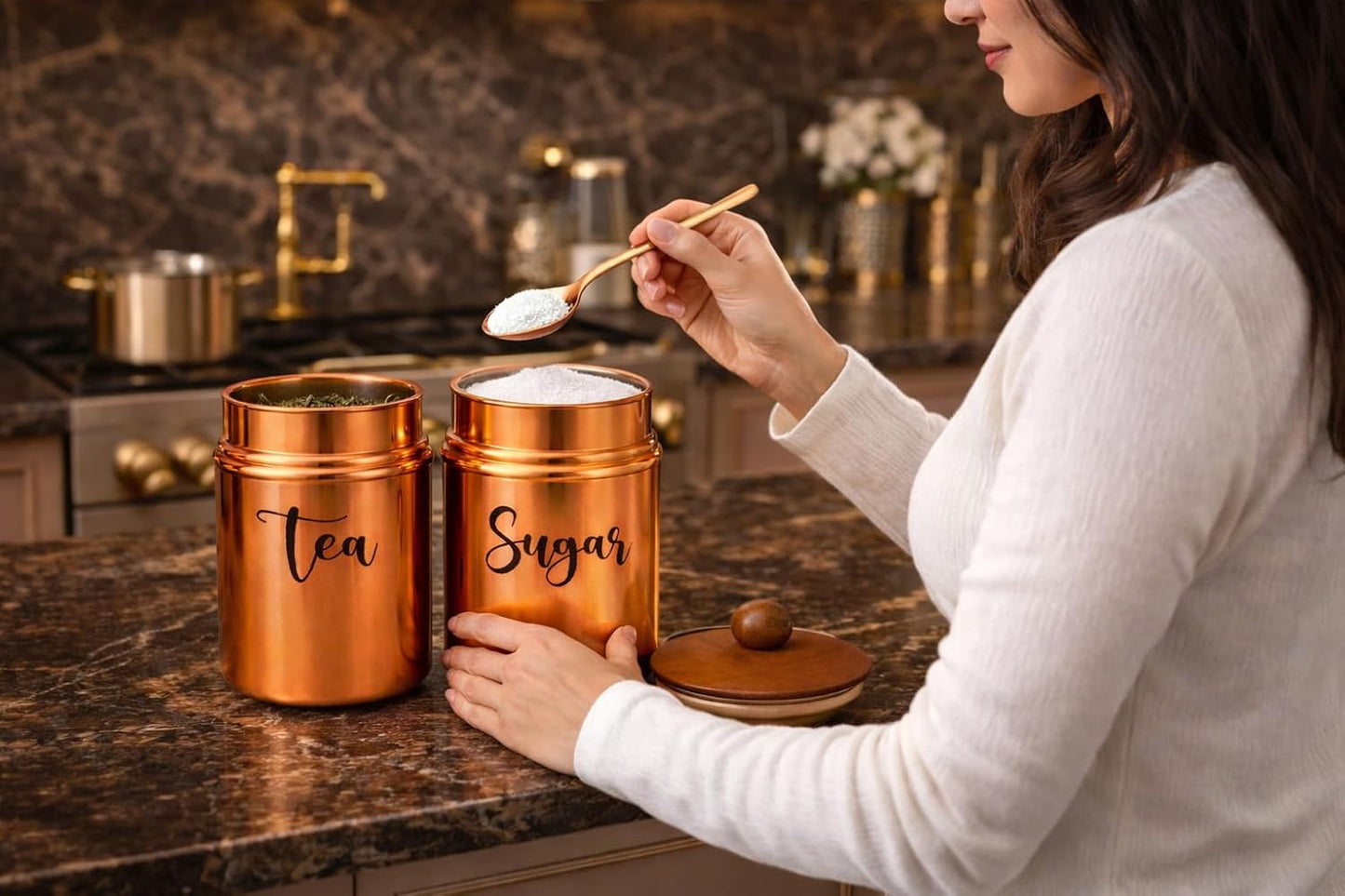 Metal Tea & Sugar Storage Container Set of 2 with Wooden Lid | Airtight Kitchen Canisters | Copper Finish Kitchen Storage Jars