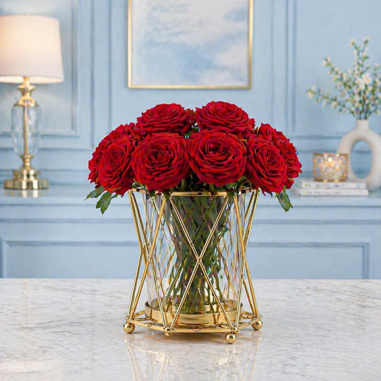 Luxury Gold Metal Vase with Crystal Glass | Modern Geometric Decorative Flower Vase for Living Room, Center Table & Home Decor