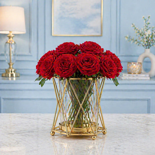 Luxury Gold Metal Vase with Crystal Glass | Modern Geometric Decorative Flower Vase for Living Room, Center Table & Home Decor