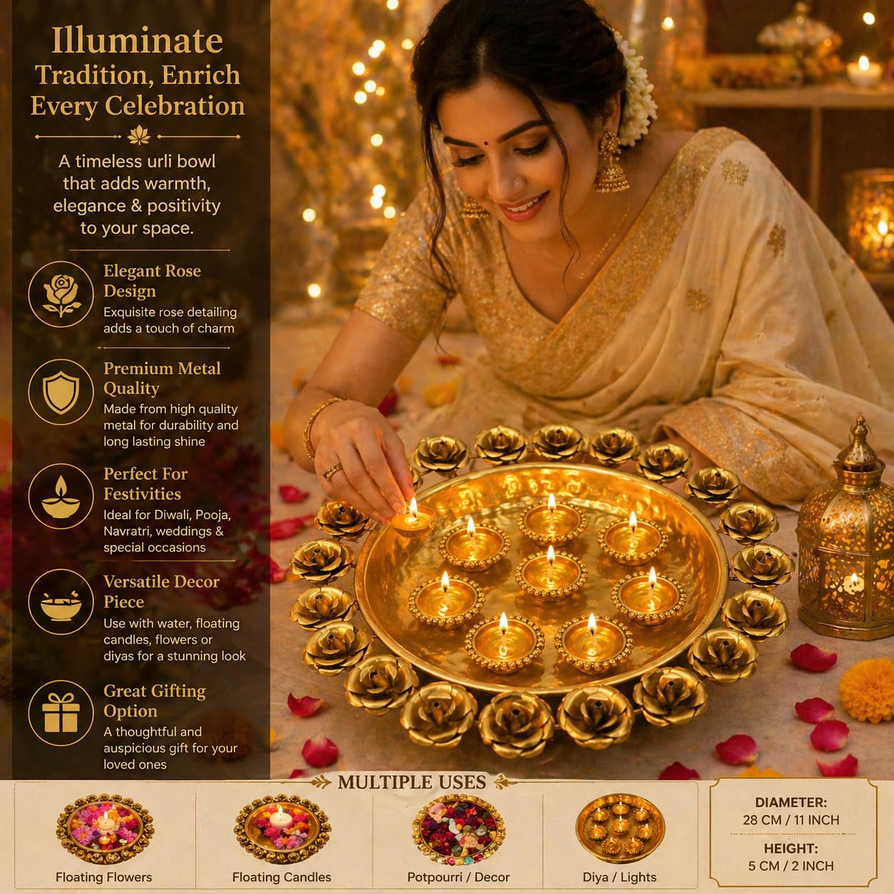 Elegant Floral Urli Bowl with Diyas – Luxury Decorative Metal Urli for Diwali, Pooja & Festive Home Decoration, Floating Candle Bowl, Rose Design Urli Centerpiece for Table & Mandir Decor