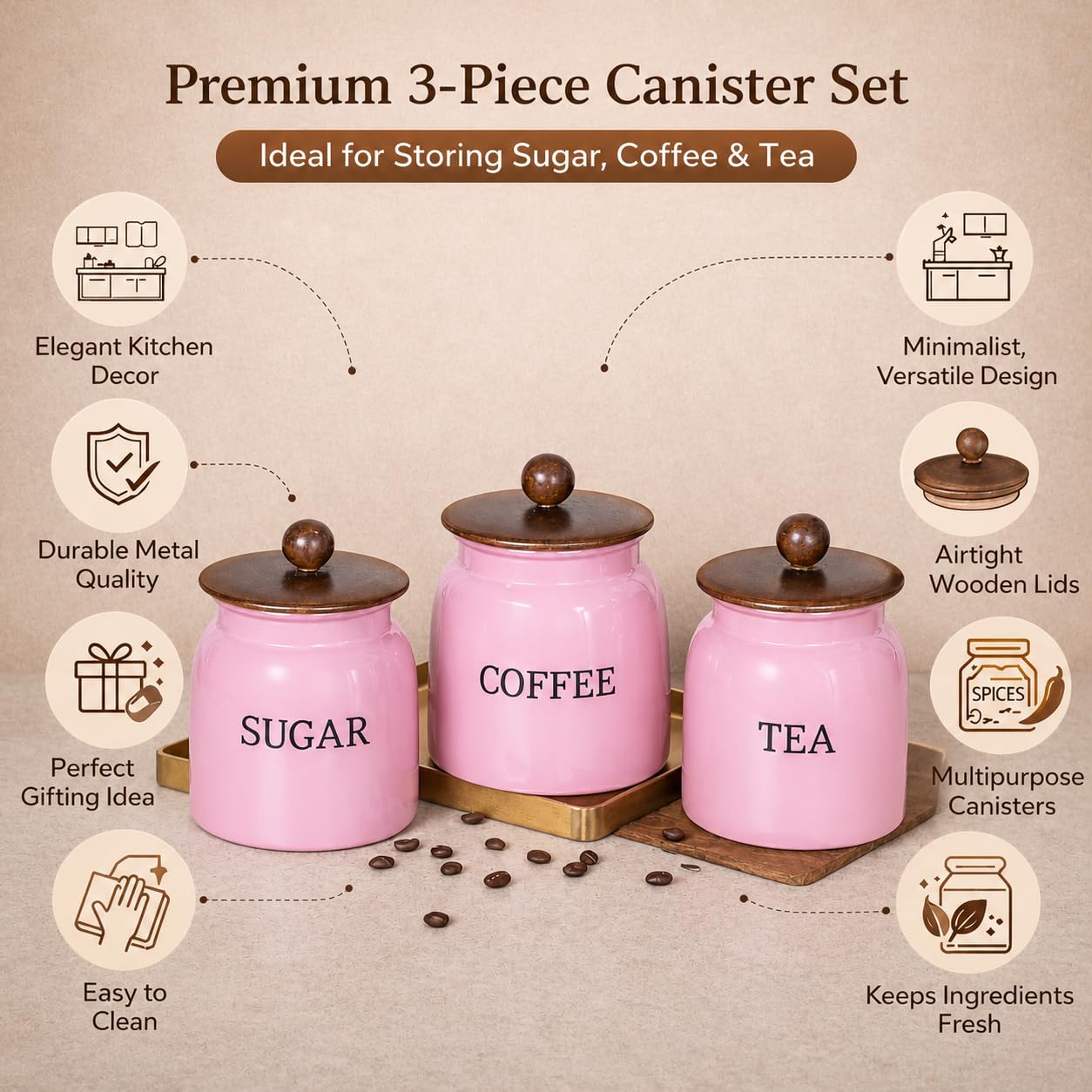 Premium Metal Kitchen Storage Container Set of 3 (Pink) | Tea Coffee Sugar Canisters with Airtight Lids | Decorative Countertop Organizer Jars for Home & Kitchen