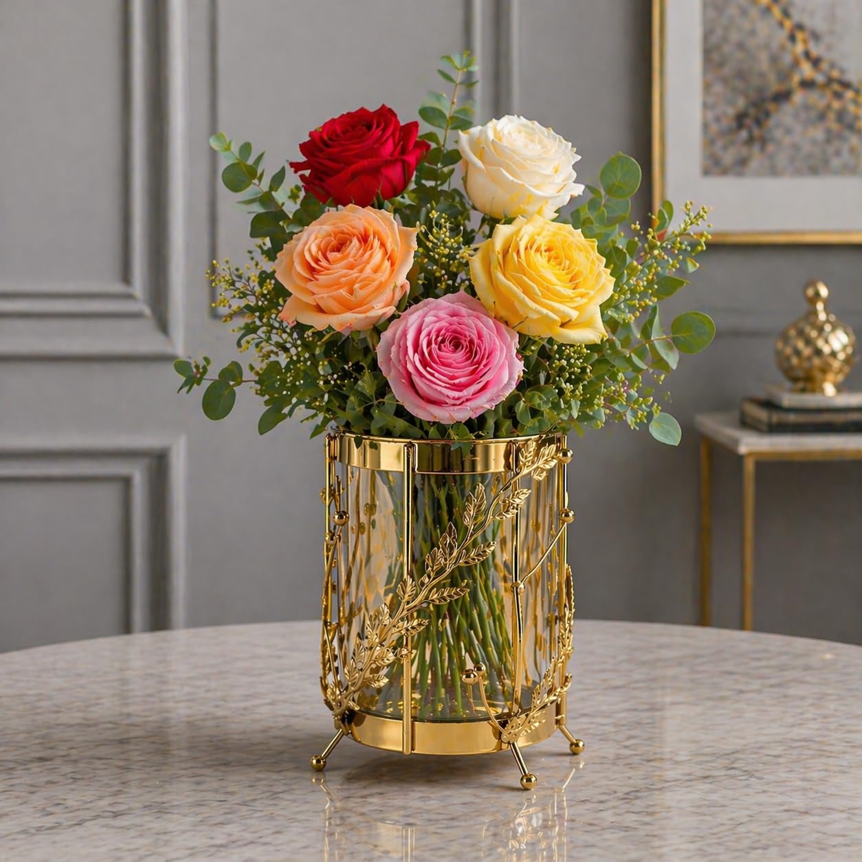 Luxury Floral Gold Vase with Decorative Leaf Design | Elegant Metal & Glass Flower Vase for Living Room, Dining Table & Premium Home Decor