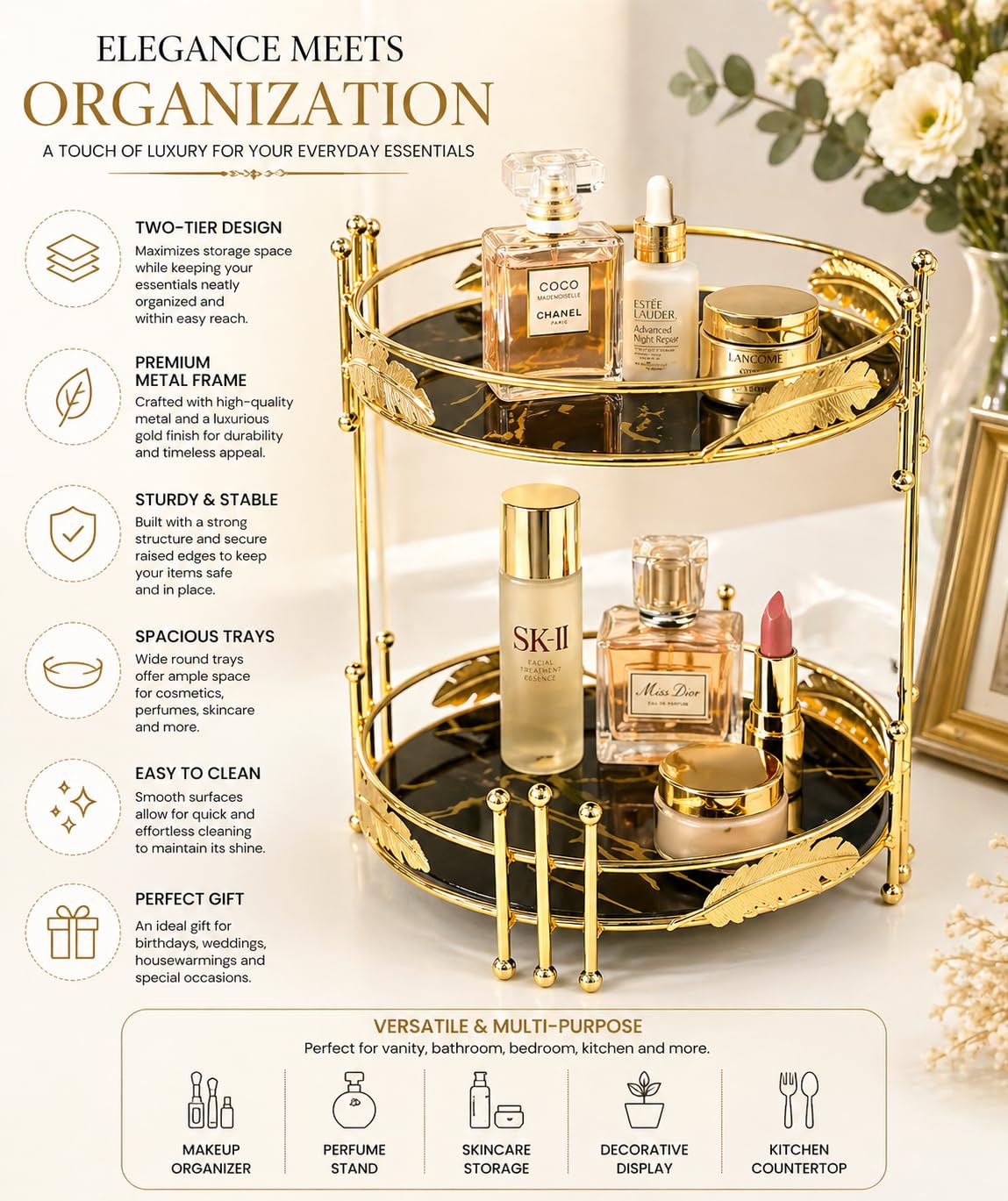 Elegant Black Vanity Organizer with Gold Metal Frame – Luxury 2 Tier Makeup & Skincare Storage Stand, Decorative Cosmetic Organizer for Perfume, Jewelry, Bathroom Counter & Dressing Table