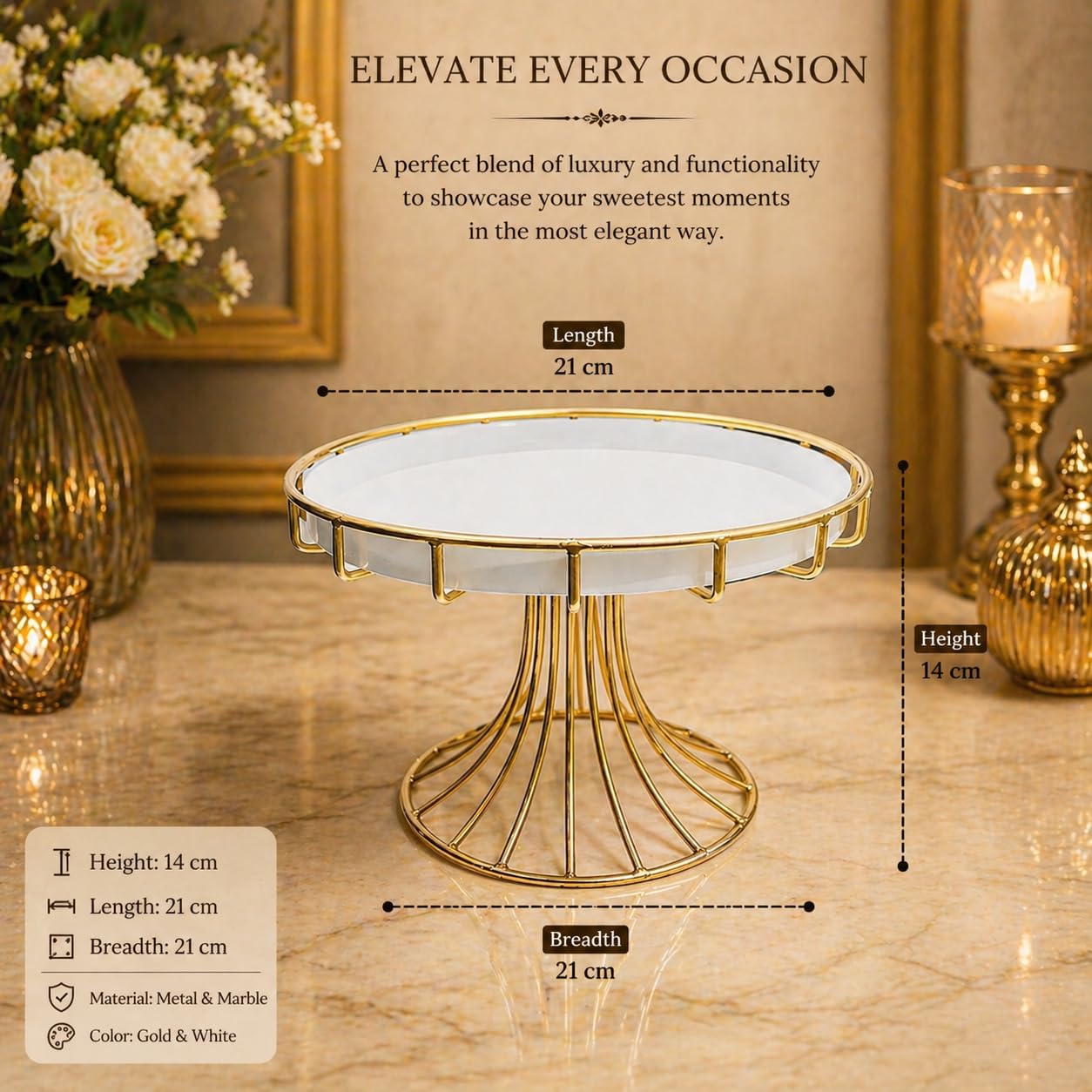 Premium White Cake Stand with Gold Finish Base | Round Dessert Serving Stand | Stylish Pedestal Display for Cakes & Cupcakes