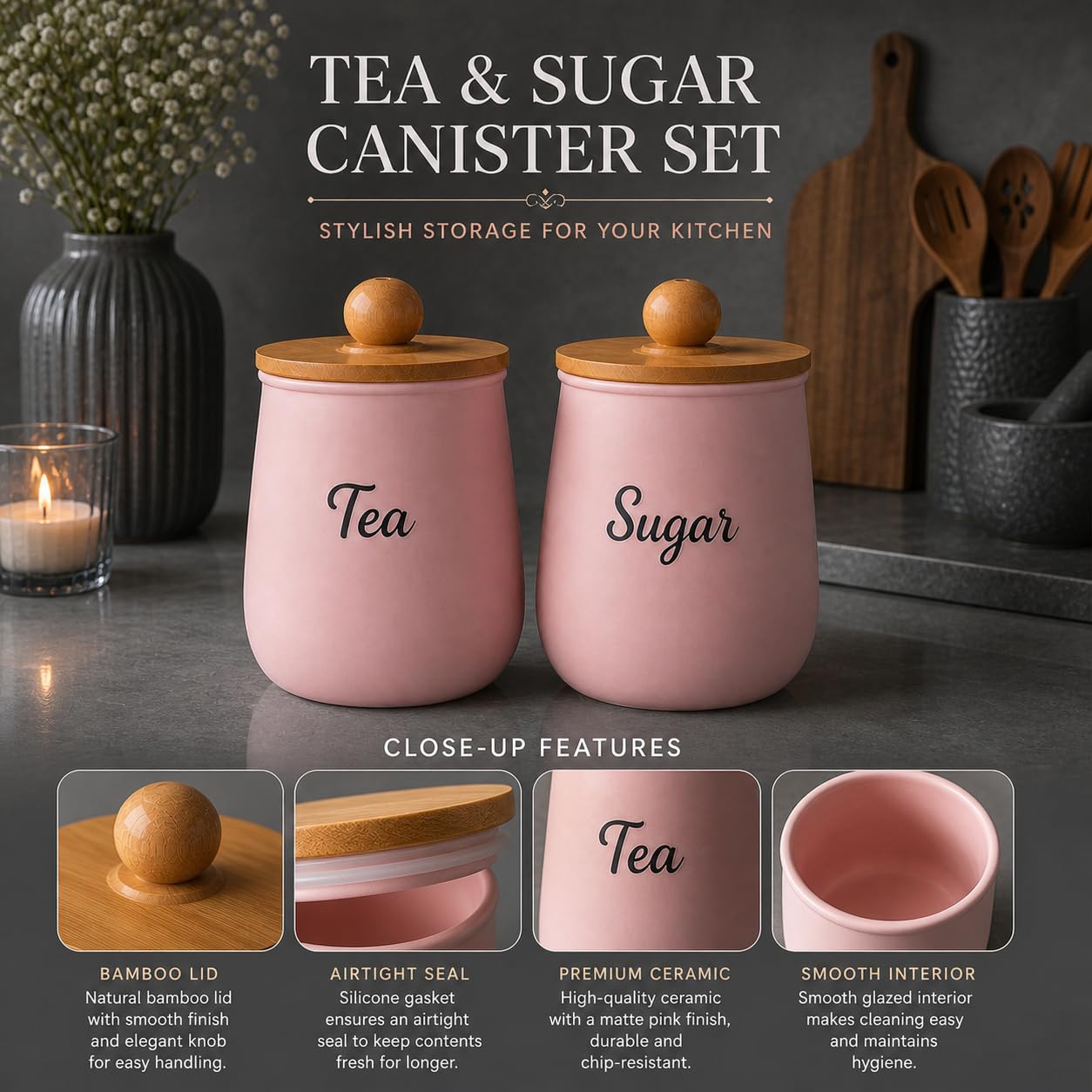 Pink Metal Tea Sugar Container Set | Airtight Kitchen Storage Canister with Wooden Lid | Tea Coffee Sugar Holder | Decorative Countertop Organizer for Modern Kitchen