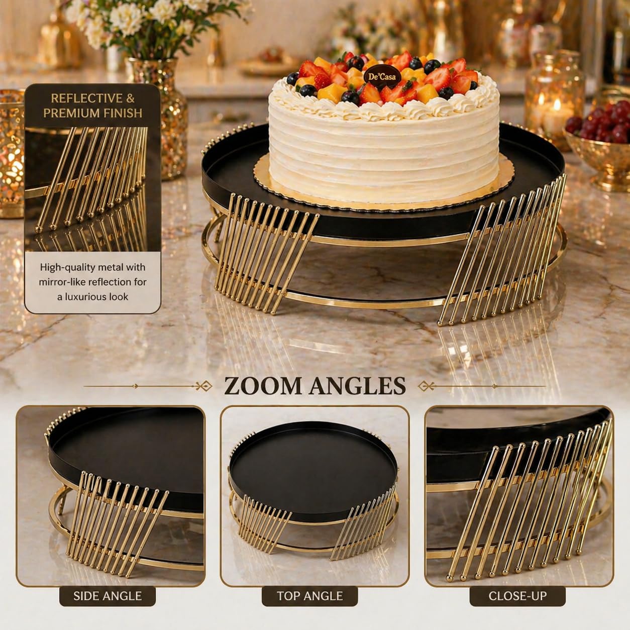 Luxury Metal Cake Stand | Black Round Dessert Display with Gold Finish Base | Elegant Serving Tray for Wedding, Birthday & Home Décor