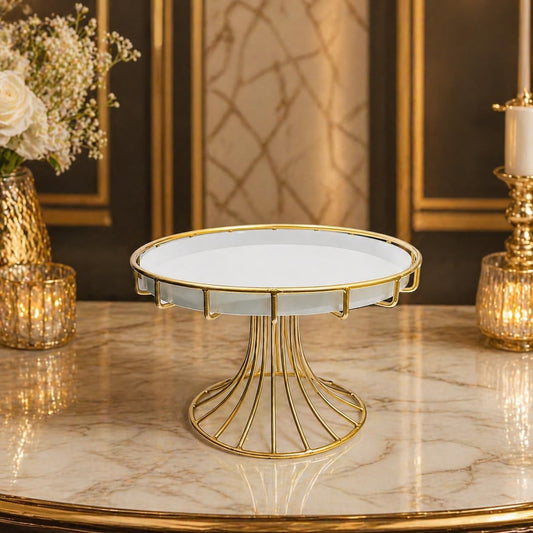 Premium White Cake Stand with Gold Finish Base | Round Dessert Serving Stand | Stylish Pedestal Display for Cakes & Cupcakes