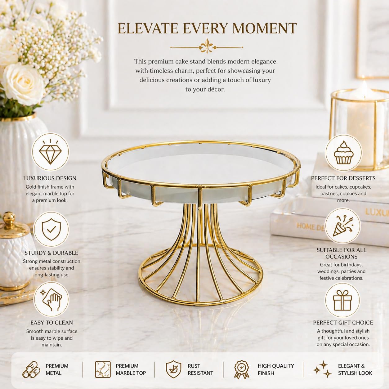 Premium White Cake Stand with Gold Finish Base | Round Dessert Serving Stand | Stylish Pedestal Display for Cakes & Cupcakes
