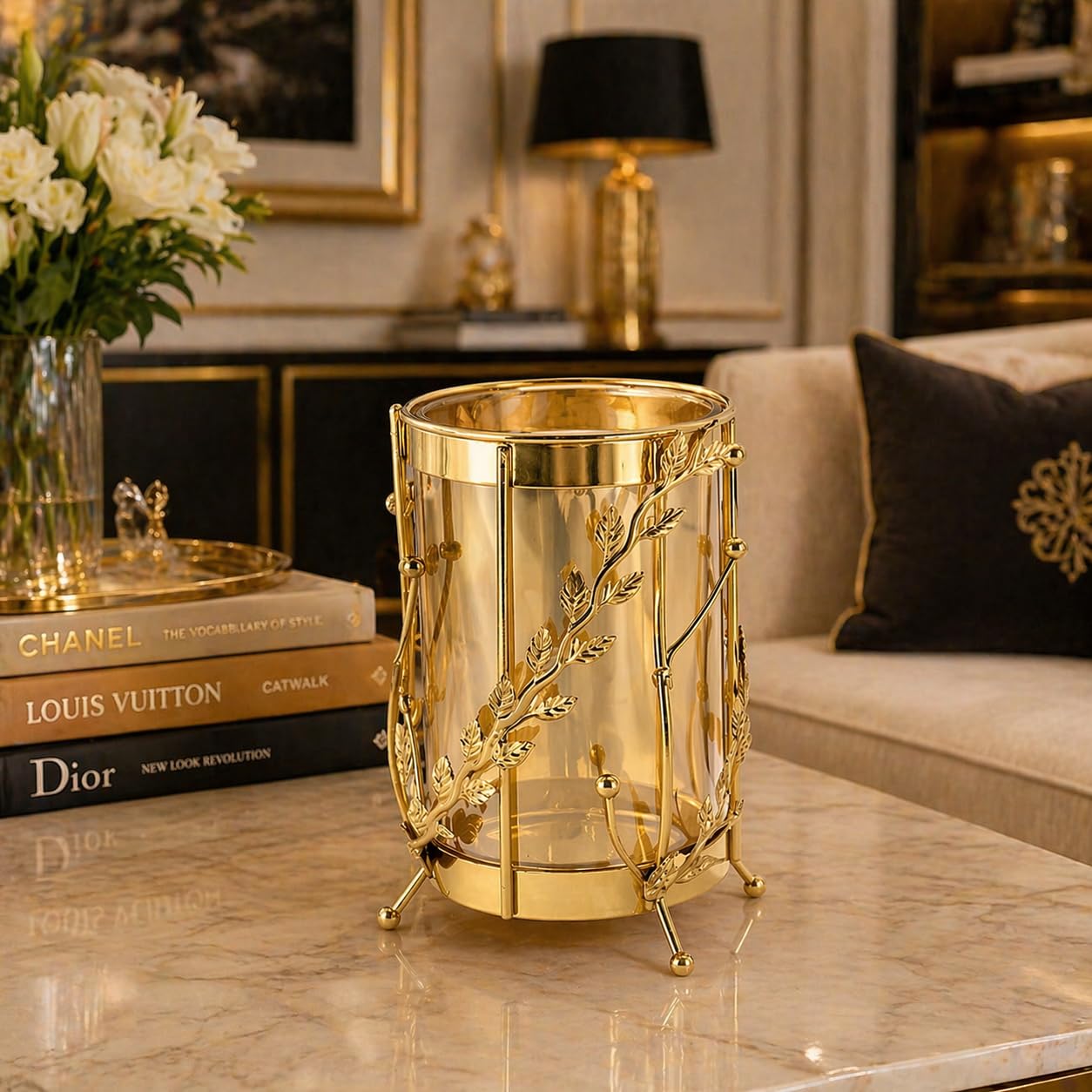 Luxury Floral Gold Vase with Decorative Leaf Design | Elegant Metal & Glass Flower Vase for Living Room, Dining Table & Premium Home Decor
