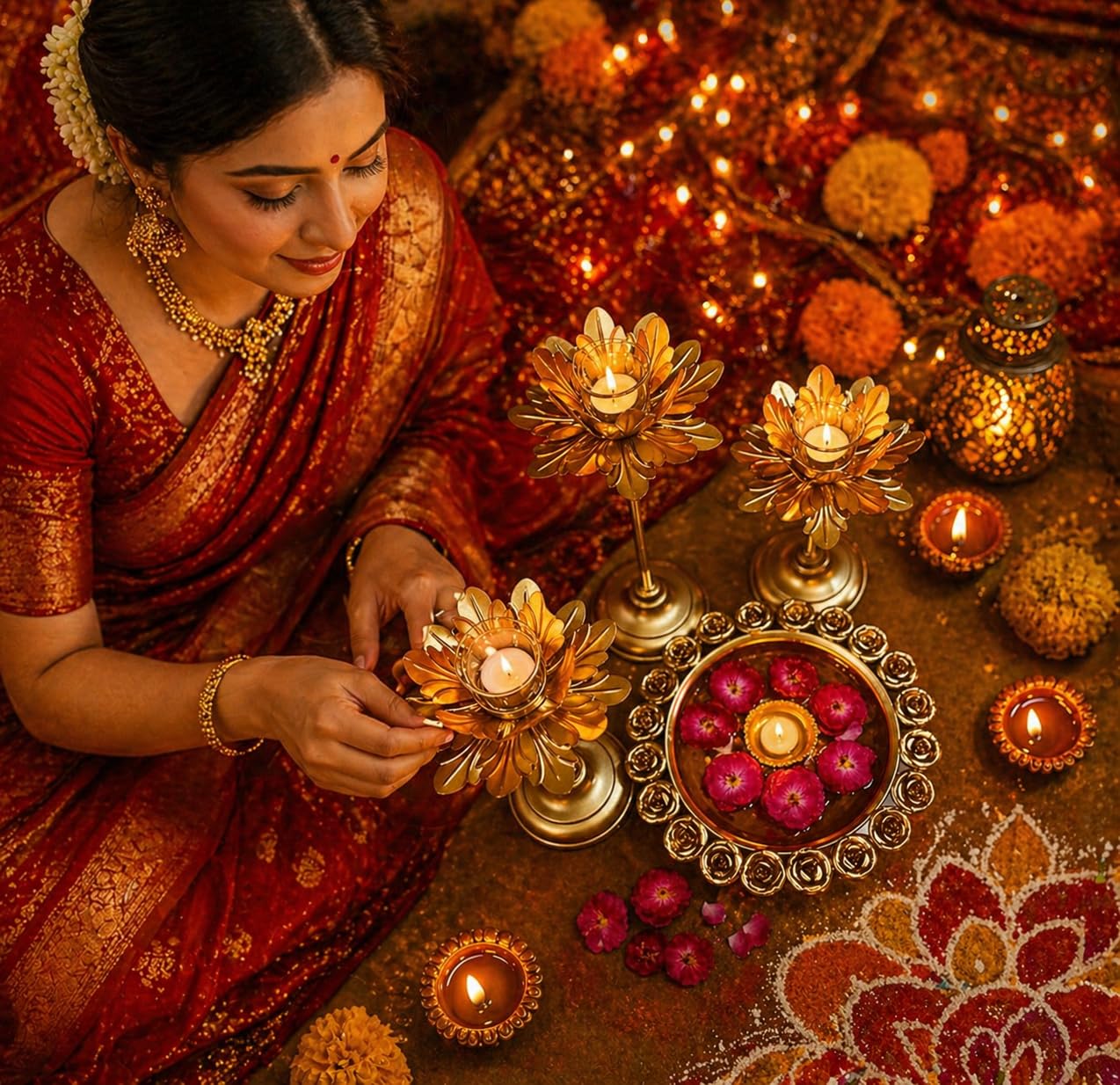 Luxury Metal Urli Set with Lotus Candle Holders | Elegant Decorative Metal Urli for Diwali, Pooja, Floating Flower Decoration, Festive Table Centerpiece & Spiritual Home Decor