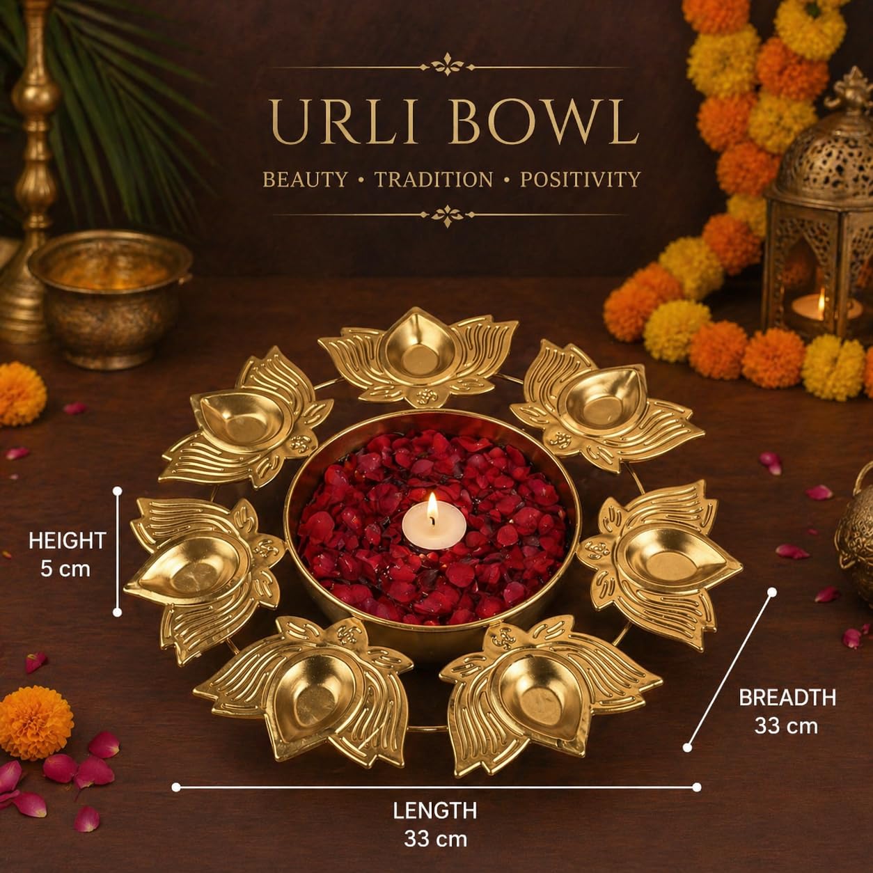 Lotus Diya Urli Bowl for Diwali Decoration | Decorative Metal Diya Urli with Floral Festival Design for Pooja Room, Wedding Centerpiece & Traditional Home Decor
