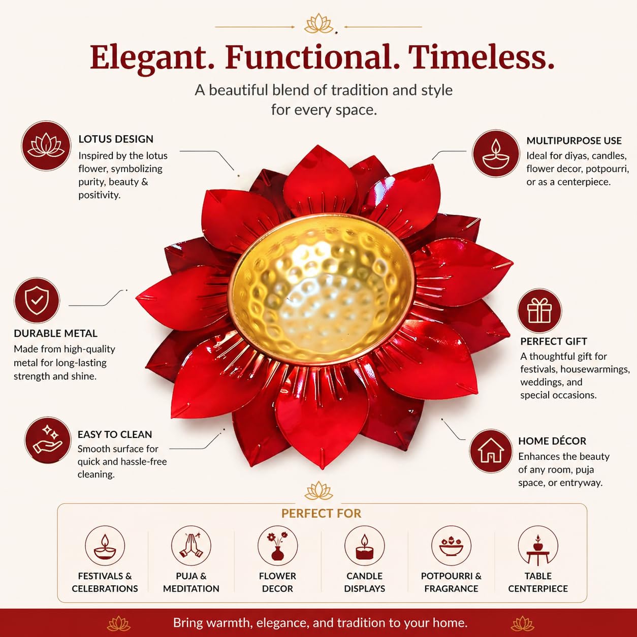 Elegant Lotus Urli Bowl for Festive Home Decoration – Luxury Metal Lotus Urli with Floral Design for Diwali, Pooja, Floating Candles, Table Centerpiece & Traditional Décor