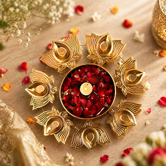 Lotus Diya Urli Bowl for Diwali Decoration | Decorative Metal Diya Urli with Floral Festival Design for Pooja Room, Wedding Centerpiece & Traditional Home Decor