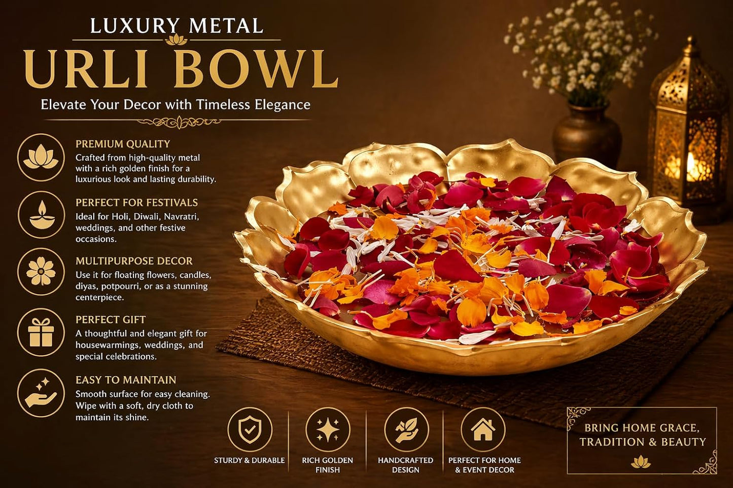 Metal Urli Bowl for Diwali Decoration | Premium Floating Flower Urli with Lotus Inspired Design for Wedding, Pooja & Luxury Home Decor