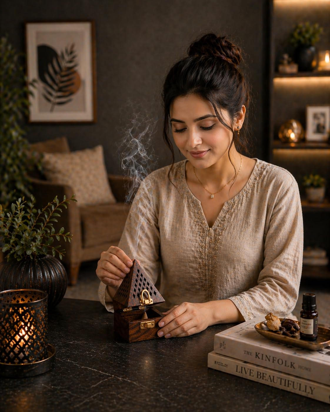 Wooden Incense Holder Box with Pyramid Design | Decorative Agarbatti Burner & Dhoop Stand for Home, Meditation and Puja Room | Aromatherapy Wooden Smoke Diffuser with Ash Catcher Storage