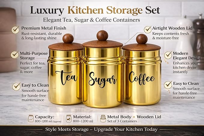 Gold Metal Kitchen Storage Canister Set with Wooden Lids – Tea, Sugar & Coffee Containers, Airtight Food Storage Jars for Modern Countertop Decor
